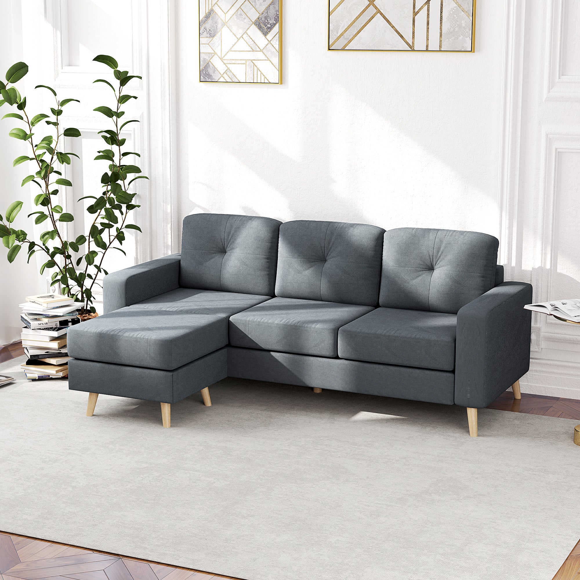 Canapé d'angle en tissu de lin, canapé 3 places, chaise longue reversible gauche ou droite, 193 cm, design scandinave, pour salon, appartement, petit espace, pieds en bois massif, gris foncé
