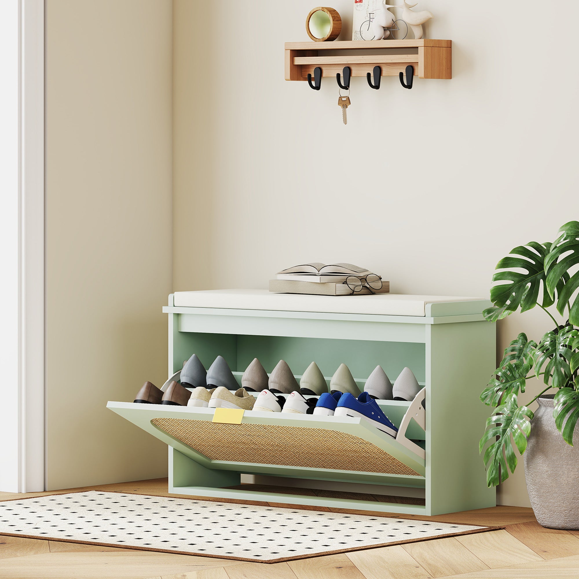 Banc chaussures entrée, banc de rangement étroit, assise rembourrée, porte en rotin, tiroir rabattable et étagère réglable, style bohème, pour entrée, couloir, 80 x 26 x 47,5 cm, vert