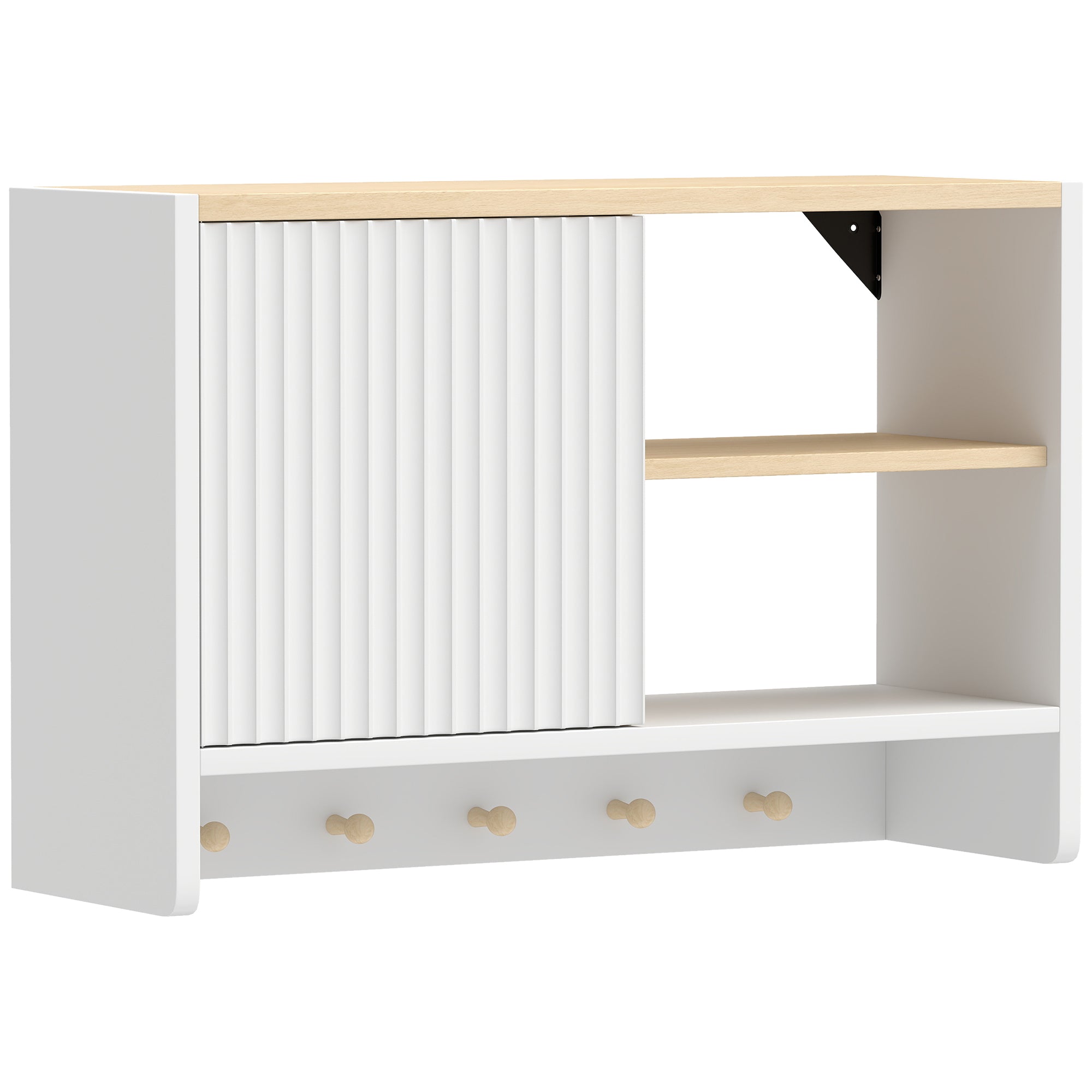 Armoire murale de salle de bain, meuble de rangement suspendu pour salle de bains avec porte, étagères ouvertes et 5 crochets, meuble WC suspendu, 60 x 20 x 40 cm, blanc et chêne