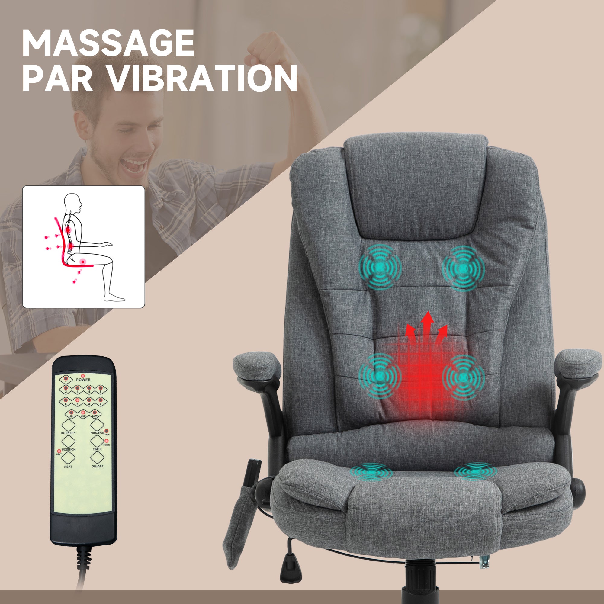Fauteuil de bureau massant et chauffant, chaise de bureau, chaise ergonomique avec hauteur réglable, dossier inclinable et télécommande filaire, pivotant à 360° tissu en polyester gris chiné