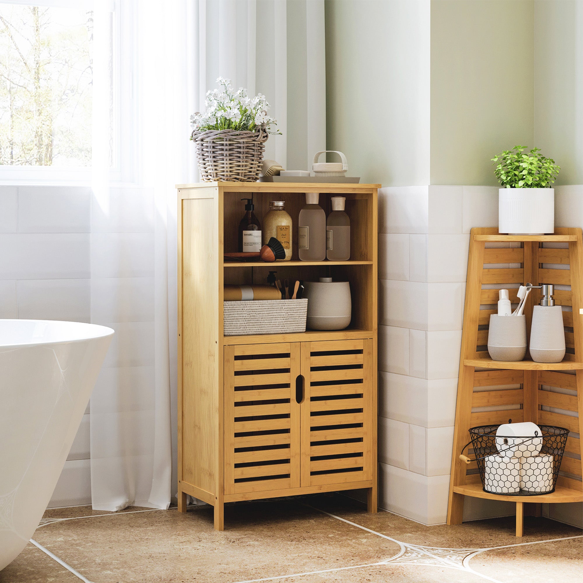 Meuble de salle de bain placard de rangement meuble de rangement sur peids en bambou avec 2 portes et 2 compartiments - 50 x 29 x 92 cm