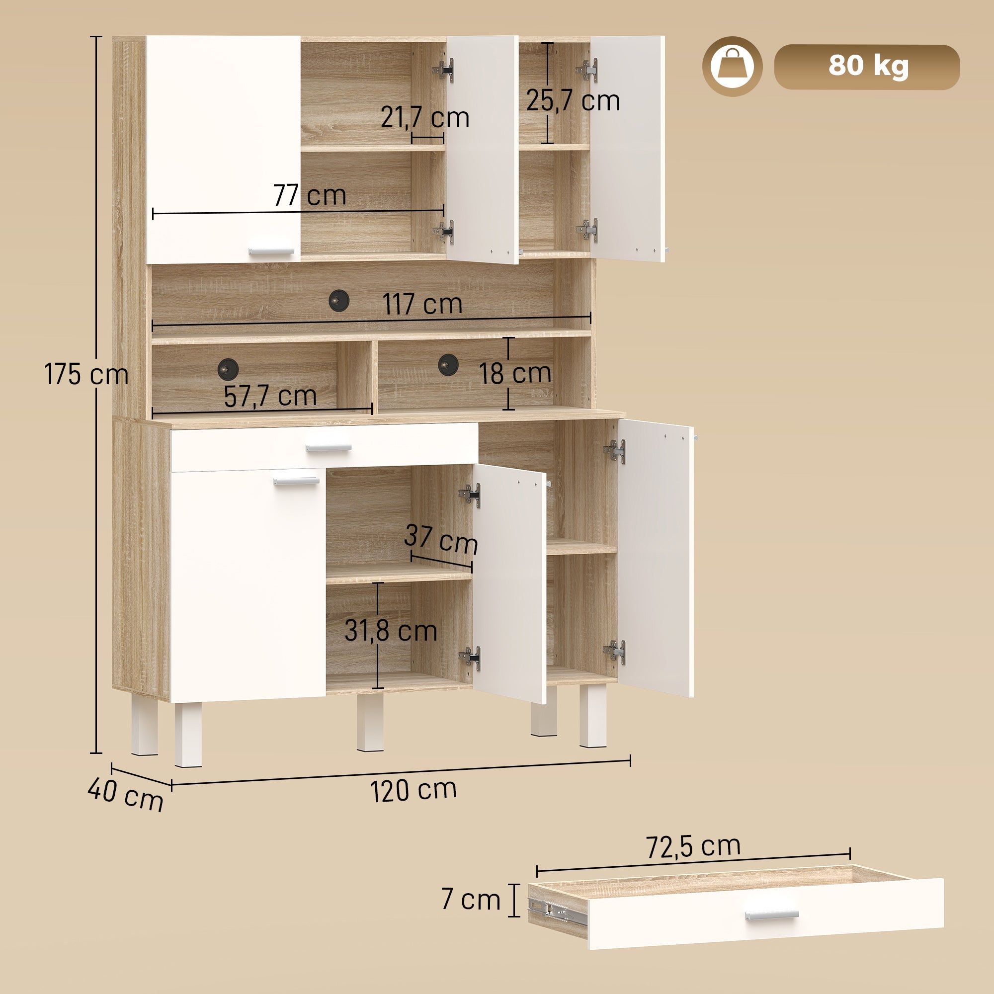 Buffet haut cuisine, armoire de cuisine, vaisselier, 6 portes, tiroir et étagères ouvertes, style moderne, meuble de rangement pour salon, salle à manger, 120x40x175cm, blanc et bois naturel