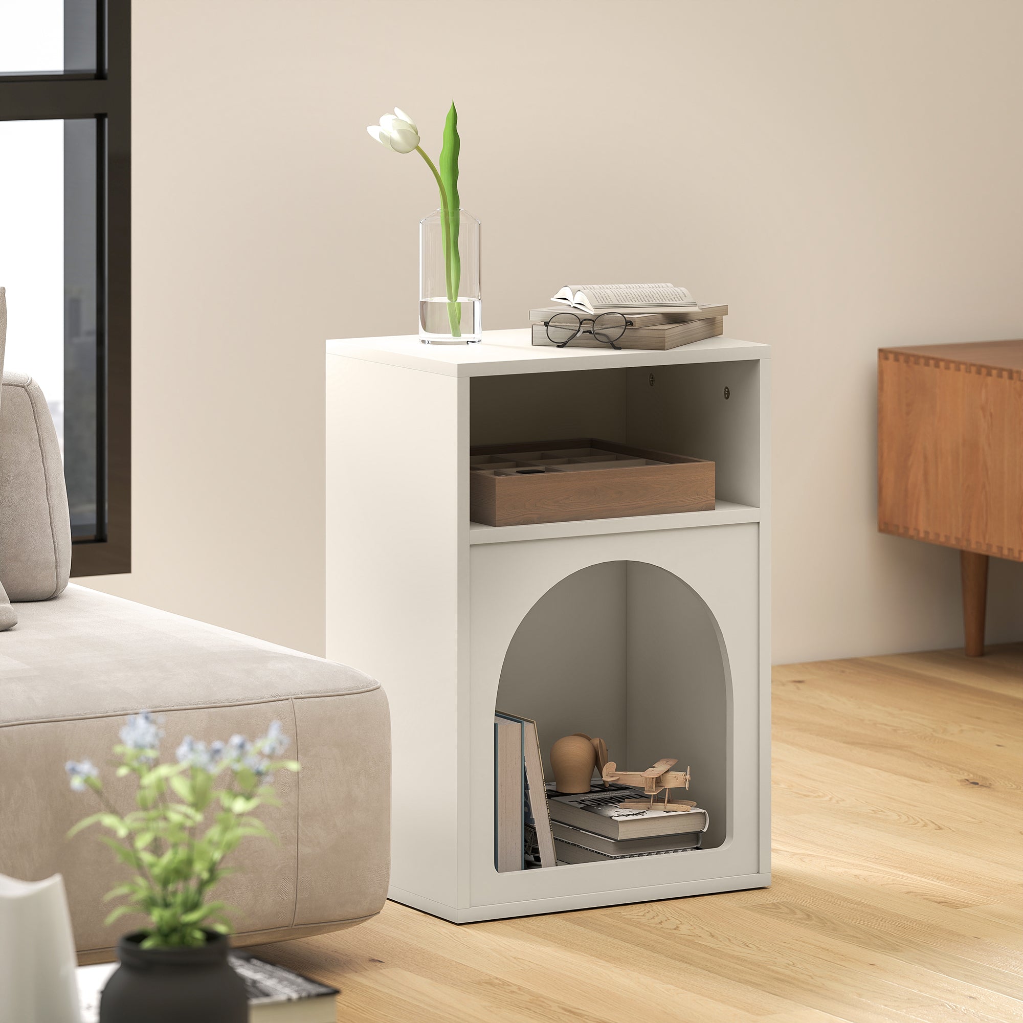 Lot de 2 tables de chevet, table de nuit avec compartiments ouverts, design arqué, chevet de lit pour chambre à coucher, salon, 40 x 30 x 60 cm, crème