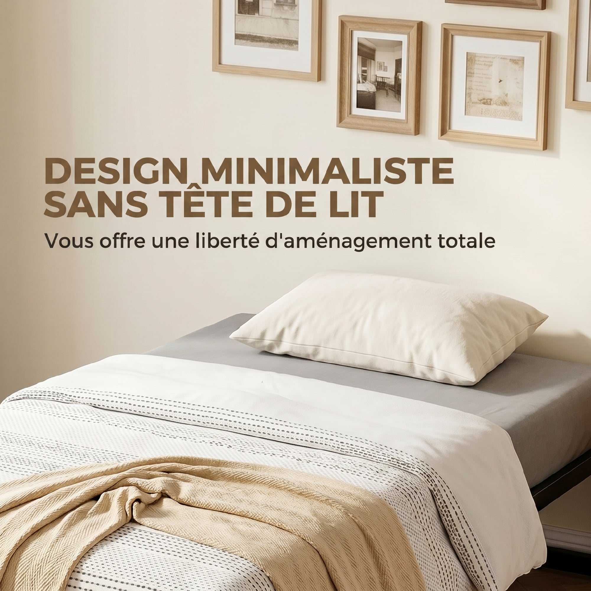 Cadre de lit 90 x 200 cm avec sommier, lit simple avec support à lattes en métal, rangement au-dessous de 32,5H cm, sans bruit, montage facile, noir