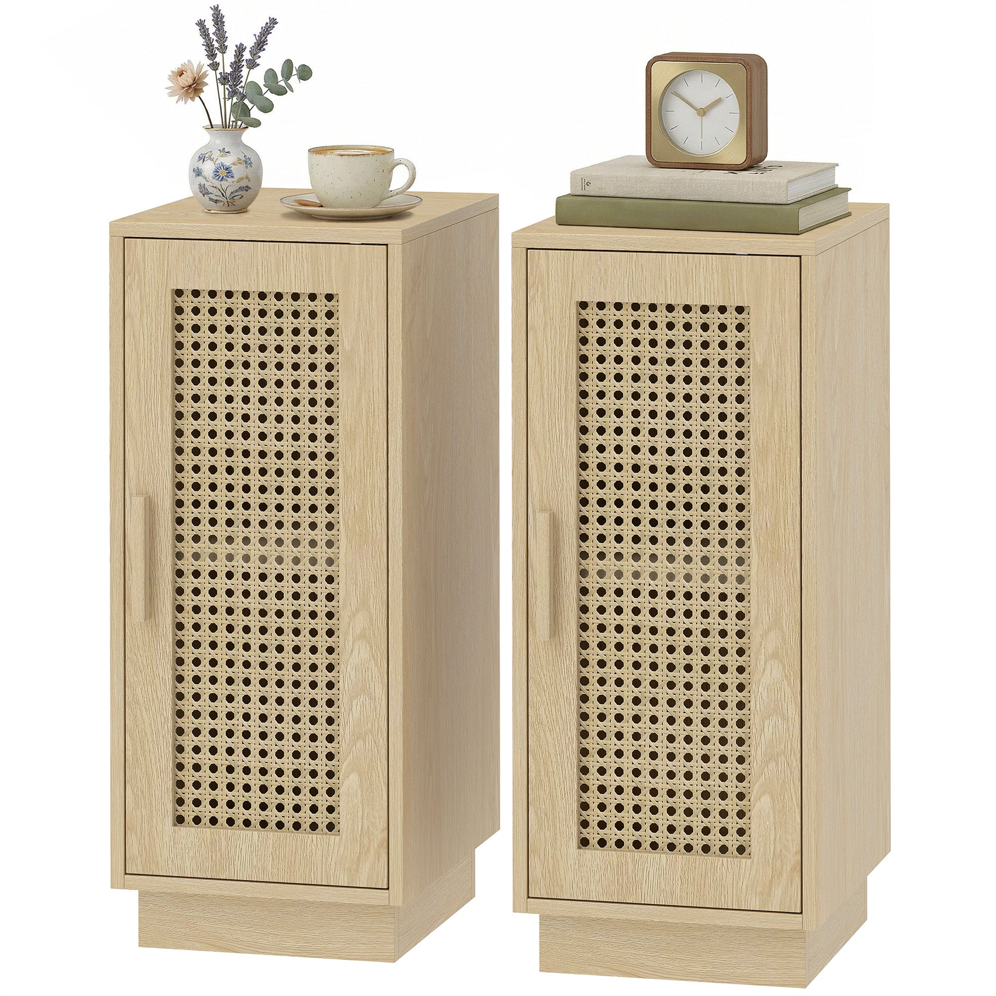 Lot de 2 Tables de Chevet, Tables de Nuit avec Étagère Réglable et Porte en Résine Tressée, Style Bohème, pour Chambre à Coucher, Salon, Bois Naturel