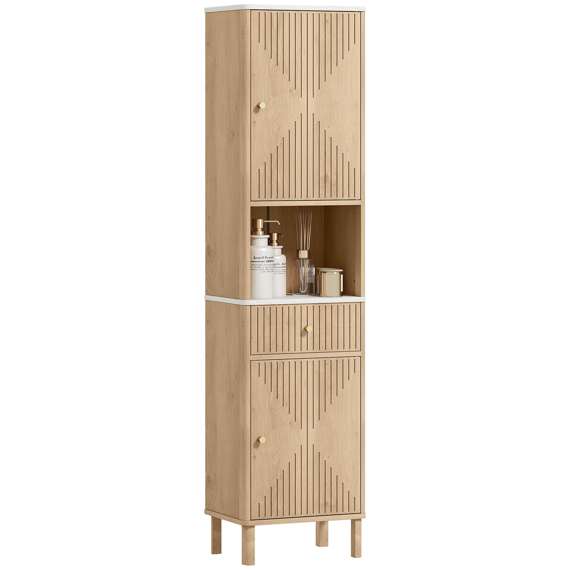 Armoire salle de bain haute, meuble de rangement colonne avec tiroir coulissant silencieux, étagères réglables, 2 placards, meuble étroit pour petits espaces, 41,5x30x168cm, chêne