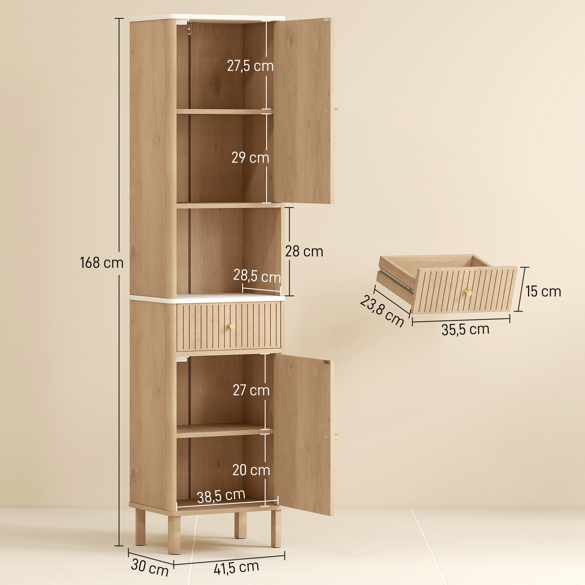 Armoire salle de bain haute, meuble de rangement colonne avec tiroir coulissant silencieux, étagères réglables, 2 placards, meuble étroit pour petits espaces, 41,5x30x168cm, chêne
