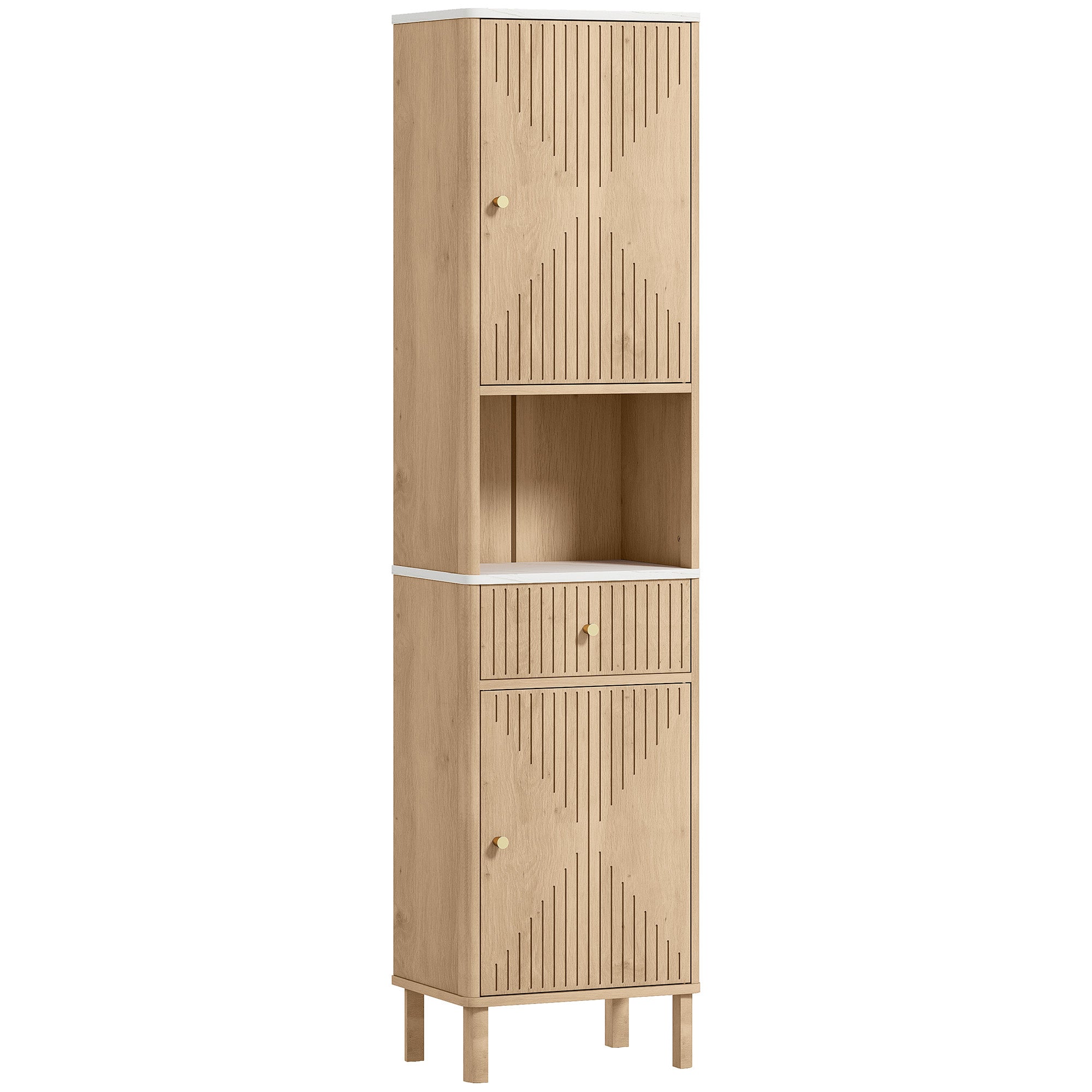 Armoire salle de bain haute, meuble de rangement colonne avec tiroir coulissant silencieux, étagères réglables, 2 placards, meuble étroit pour petits espaces, 41,5x30x168cm, chêne