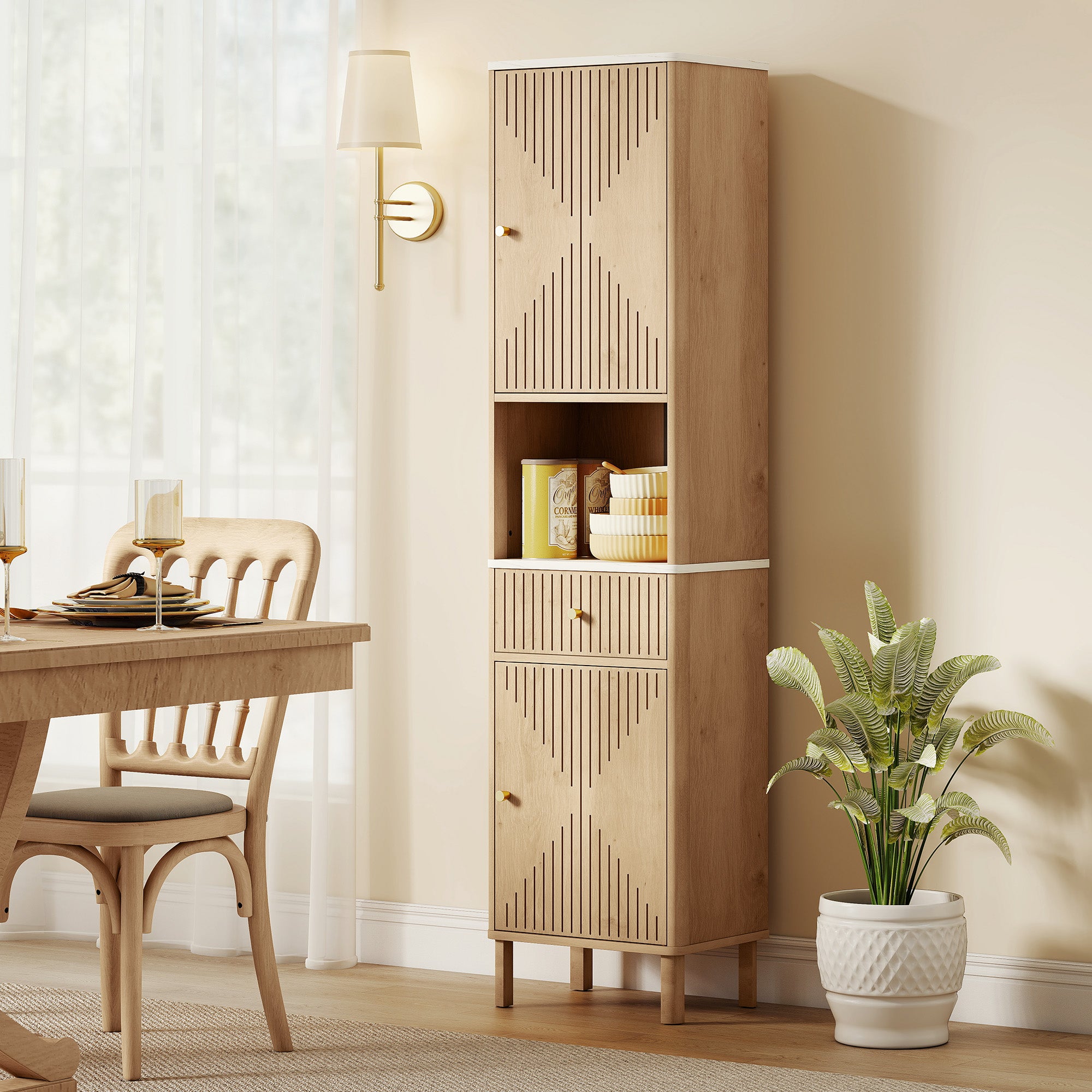 Armoire salle de bain haute, meuble de rangement colonne avec tiroir coulissant silencieux, étagères réglables, 2 placards, meuble étroit pour petits espaces, 41,5x30x168cm, chêne