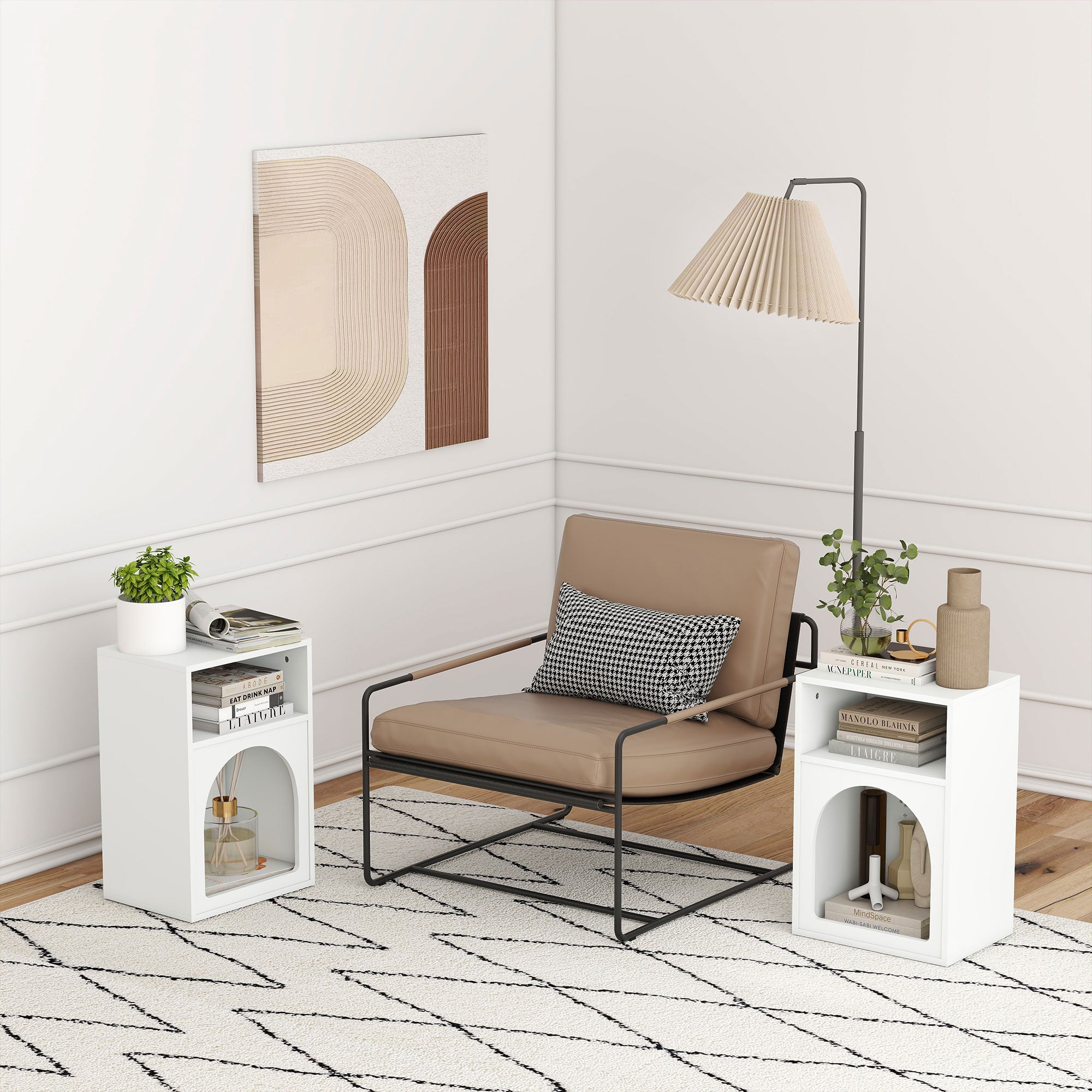 Lot de 2 tables de chevet, table de nuit avec compartiments ouverts, design arqué, chevet de lit pour chambre à coucher, salon, 40 x 30 x 60 cm, blanc