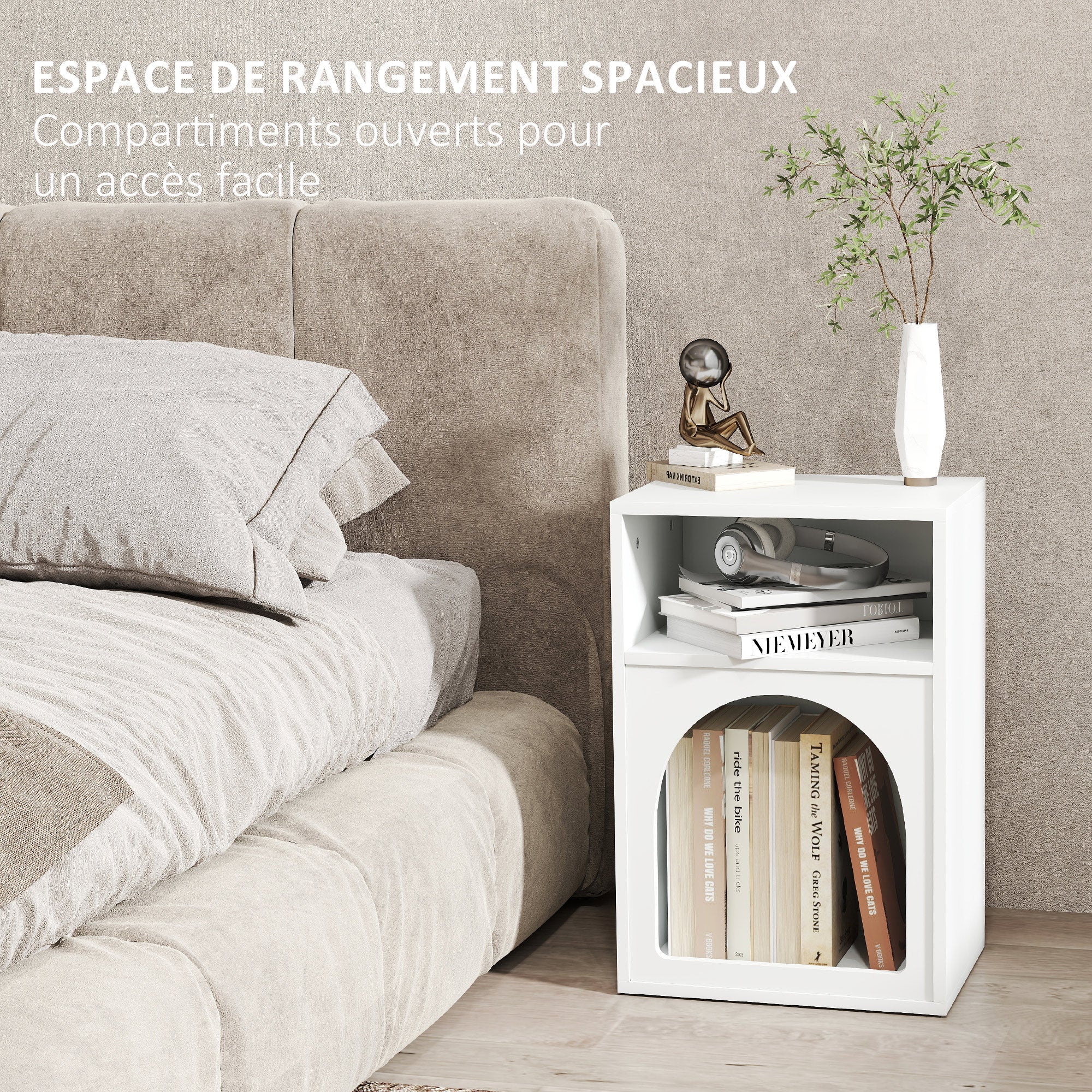 Lot de 2 tables de chevet, table de nuit avec compartiments ouverts, design arqué, chevet de lit pour chambre à coucher, salon, 40 x 30 x 60 cm, blanc
