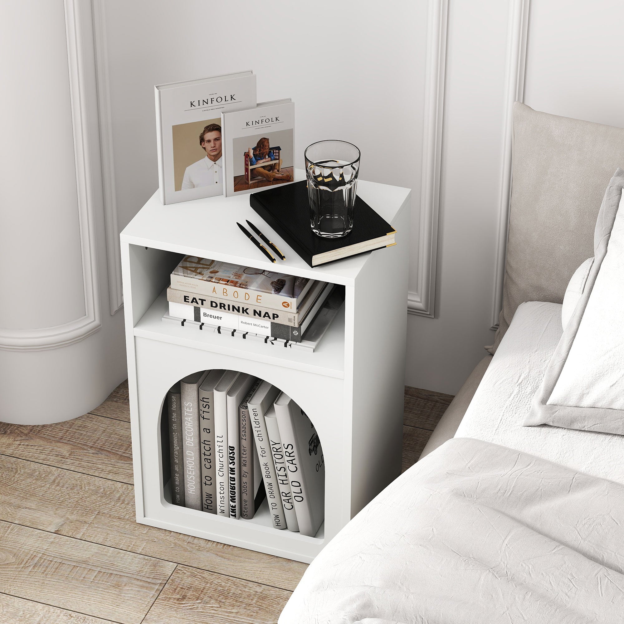 Lot de 2 tables de chevet, table de nuit avec compartiments ouverts, design arqué, chevet de lit pour chambre à coucher, salon, 40 x 30 x 60 cm, blanc