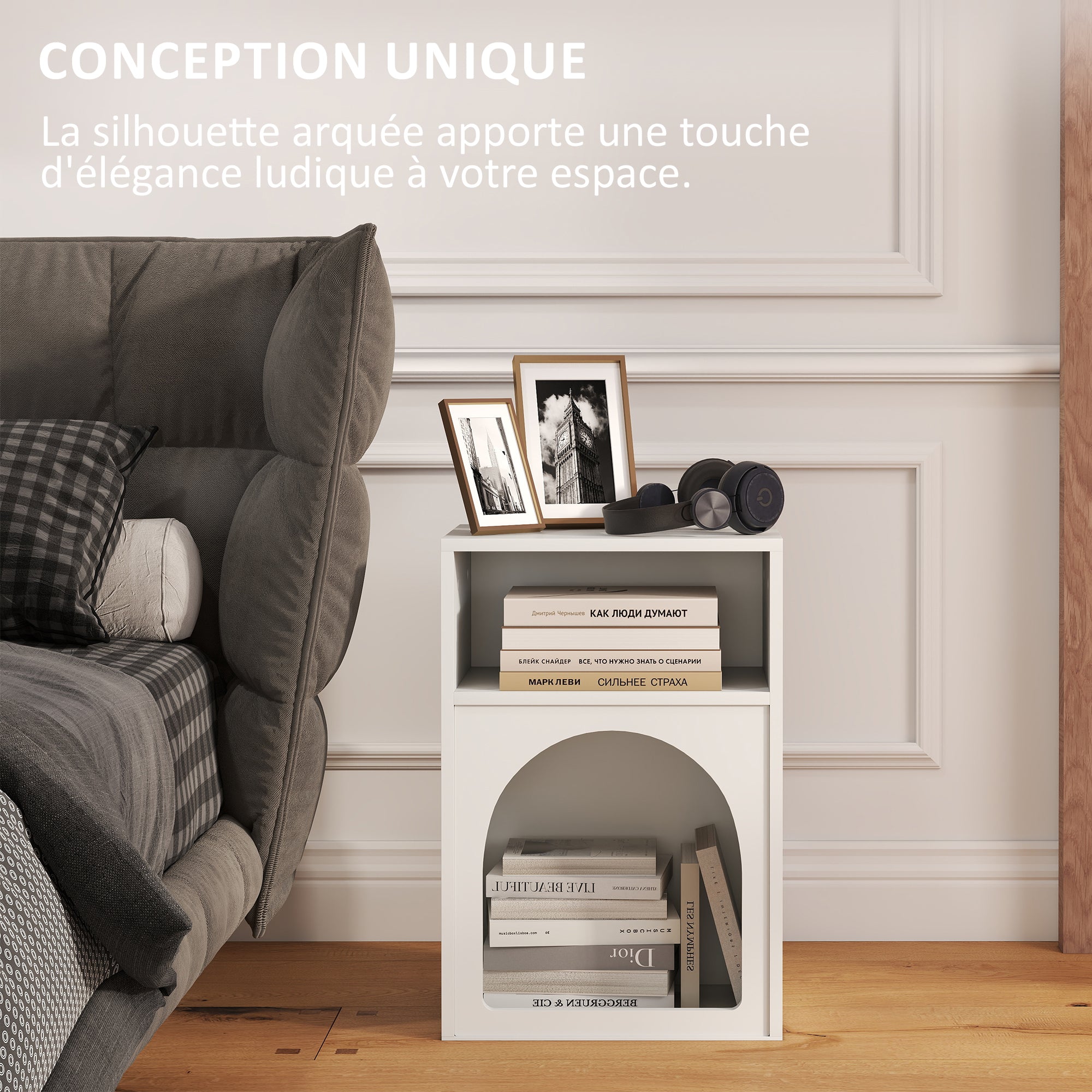 Lot de 2 tables de chevet, table de nuit avec compartiments ouverts, design arqué, chevet de lit pour chambre à coucher, salon, 40 x 30 x 60 cm, blanc