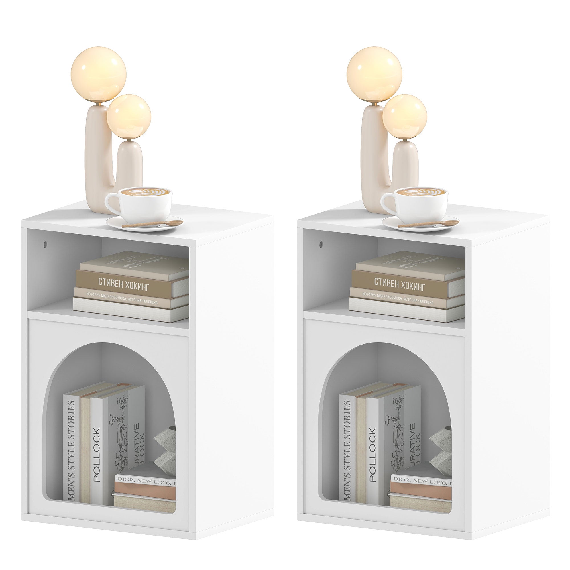 Lot de 2 tables de chevet, table de nuit avec compartiments ouverts, design arqué, chevet de lit pour chambre à coucher, salon, 40 x 30 x 60 cm, blanc