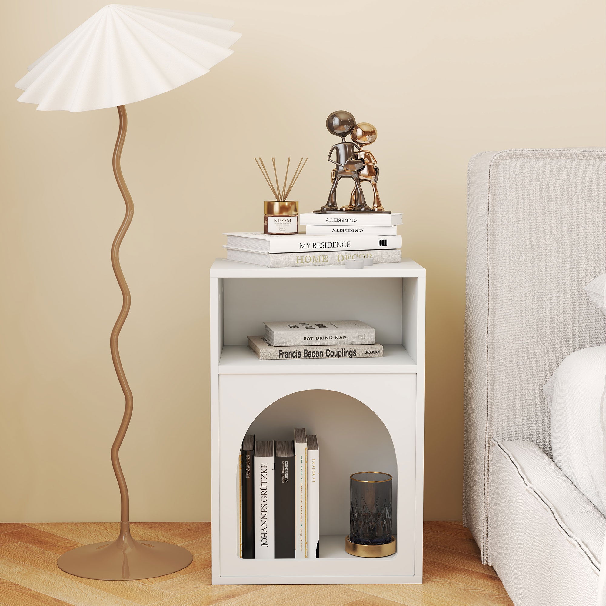 Lot de 2 tables de chevet, table de nuit avec compartiments ouverts, design arqué, chevet de lit pour chambre à coucher, salon, 40 x 30 x 60 cm, blanc