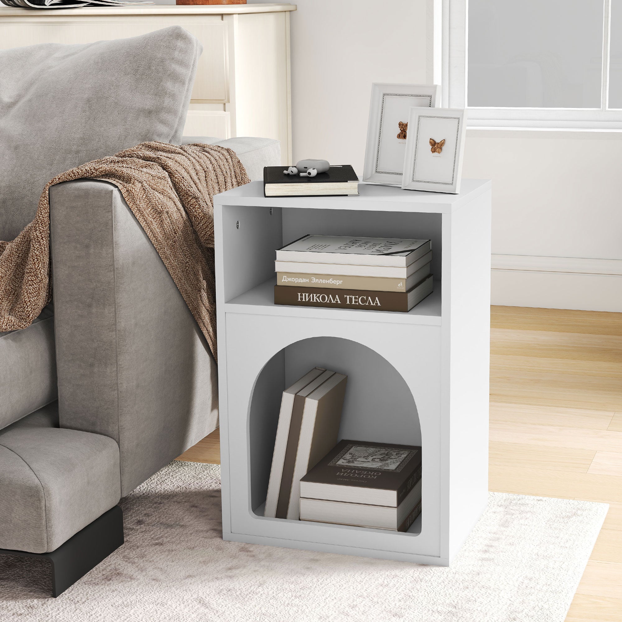 Lot de 2 tables de chevet, table de nuit avec compartiments ouverts, design arqué, chevet de lit pour chambre à coucher, salon, 40 x 30 x 60 cm, blanc