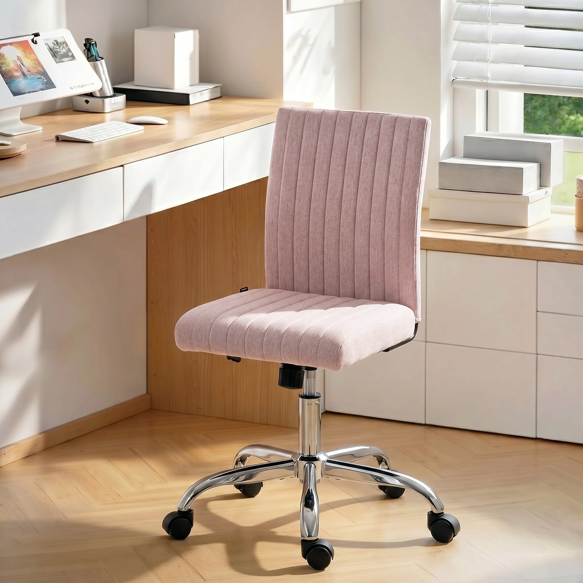 Chaise de bureau sans accoudoirs, fauteuil de bureau, hauteur réglable, fonction de bascule, dossier haut et pivotant 360°, chaise d'ordinateur moderne pour chambre, salon, rose
