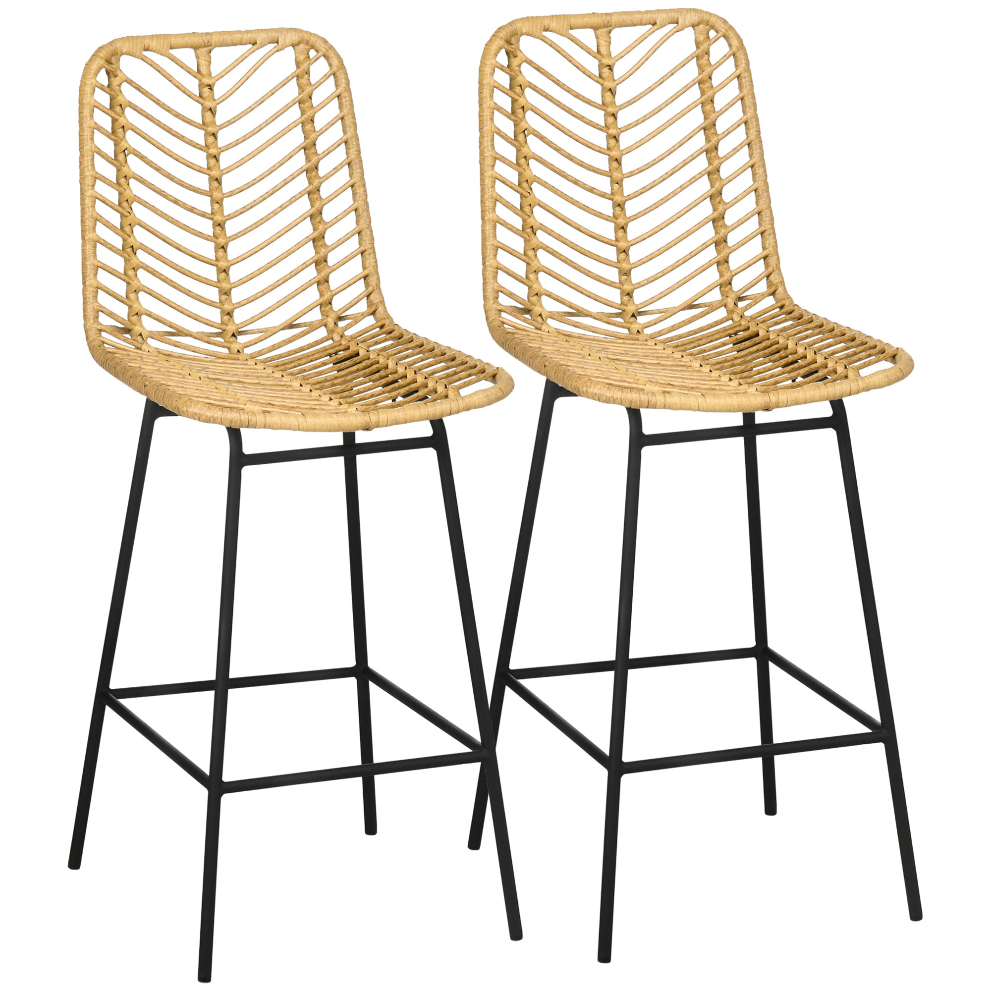Lot de 2 tabourets de bar chaise de bar design bohème Hauteur 66 cm avec repose-pieds métal et dossier cannage - naturel