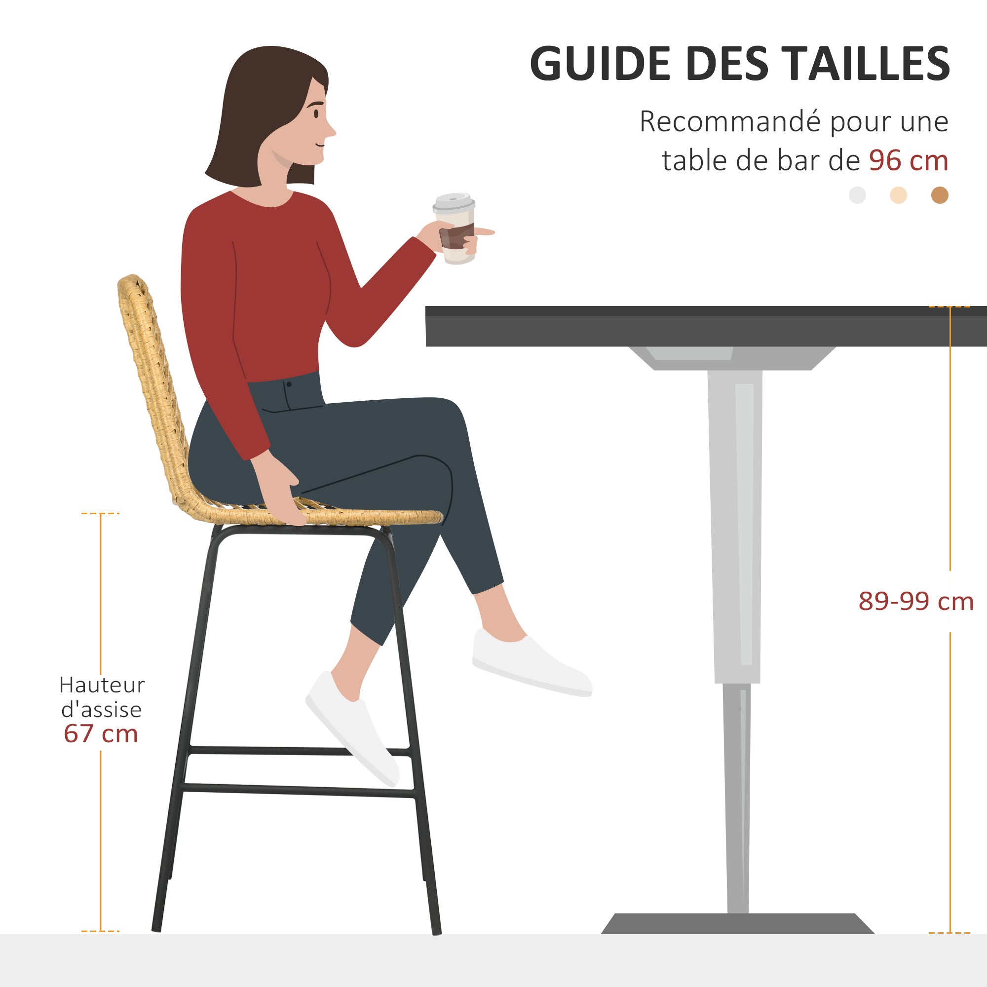 Lot de 2 tabourets de bar chaise de bar design bohème Hauteur 66 cm avec repose-pieds métal et dossier cannage - naturel