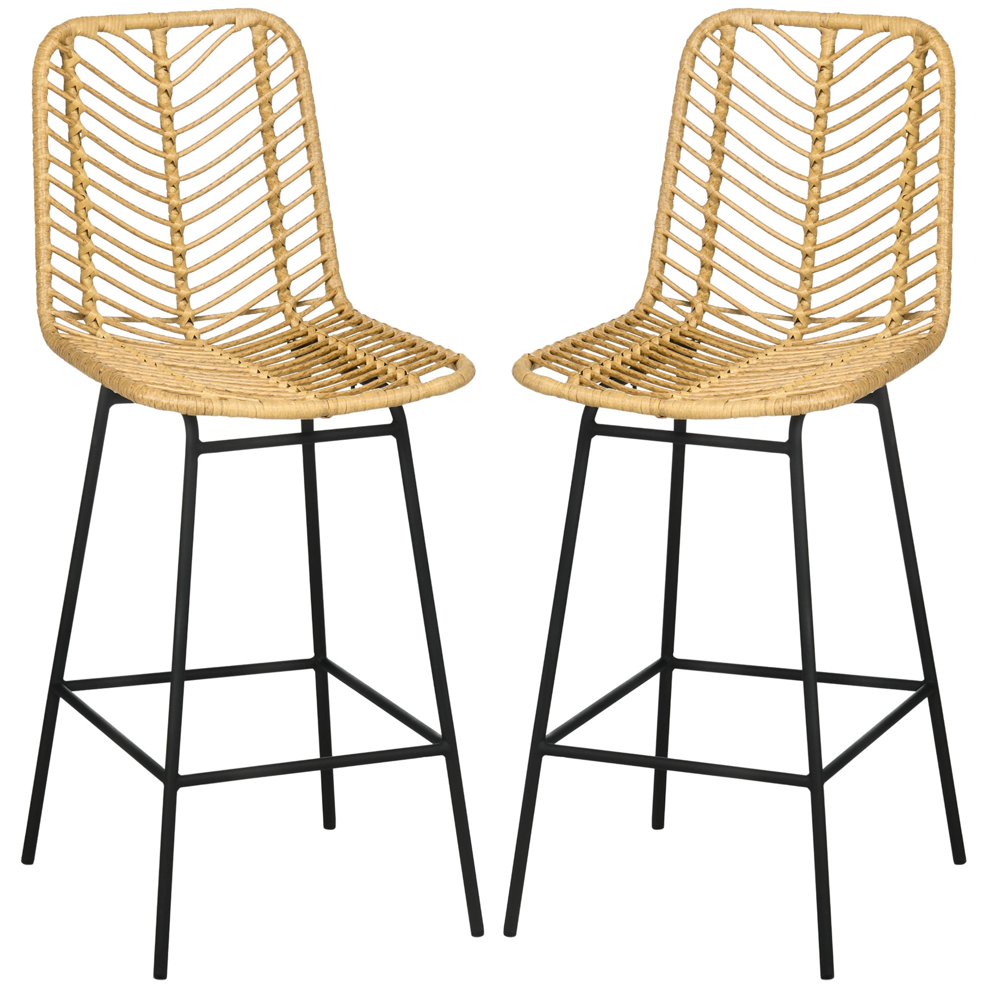Lot de 2 tabourets de bar chaise de bar design bohème Hauteur 66 cm avec repose-pieds métal et dossier cannage - naturel