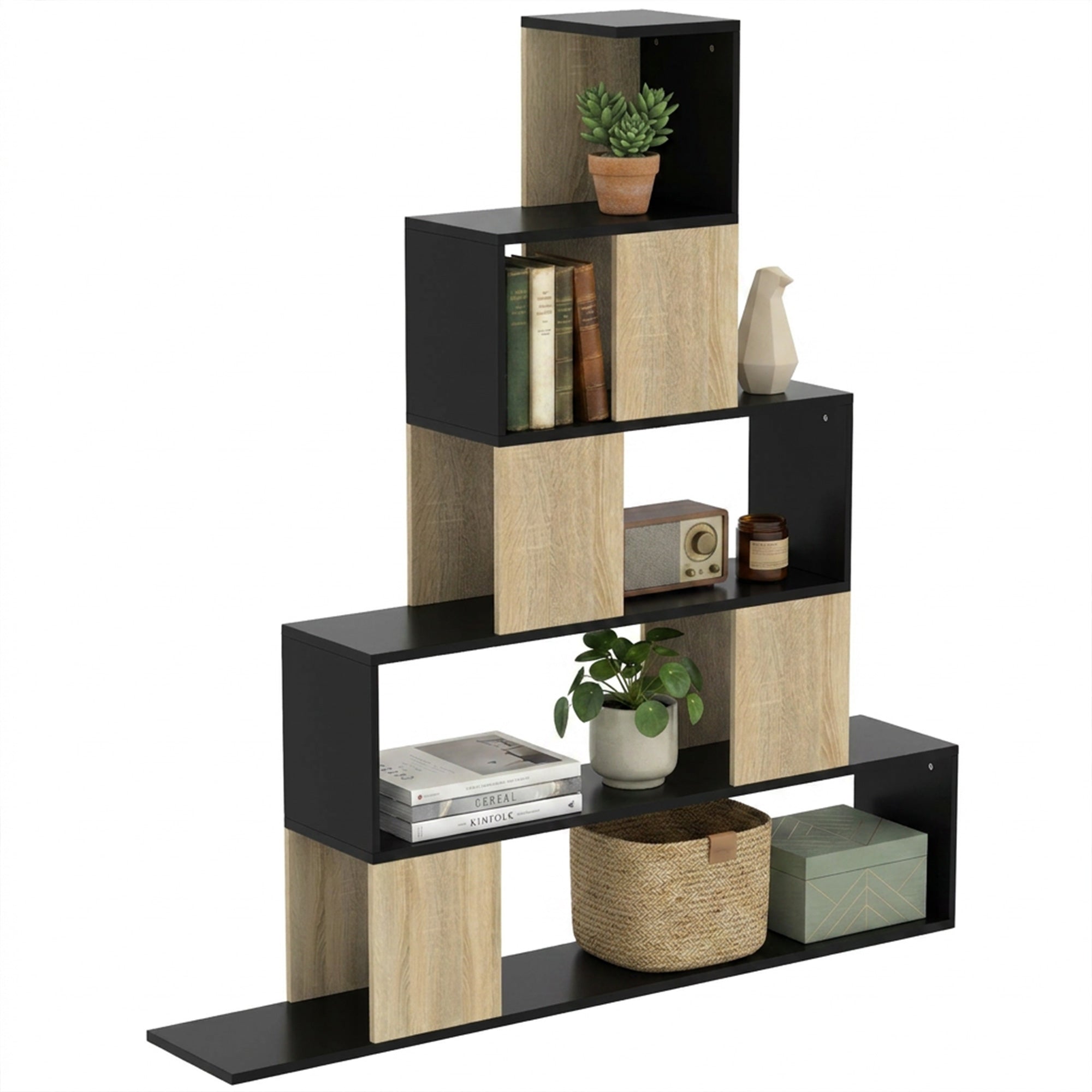 Étagère de rangement, bibliothèque géométrique à 5 niveaux, pour bureau, salon, chambre, 120 x 22 x 131,5 cm, noir et bois naturel