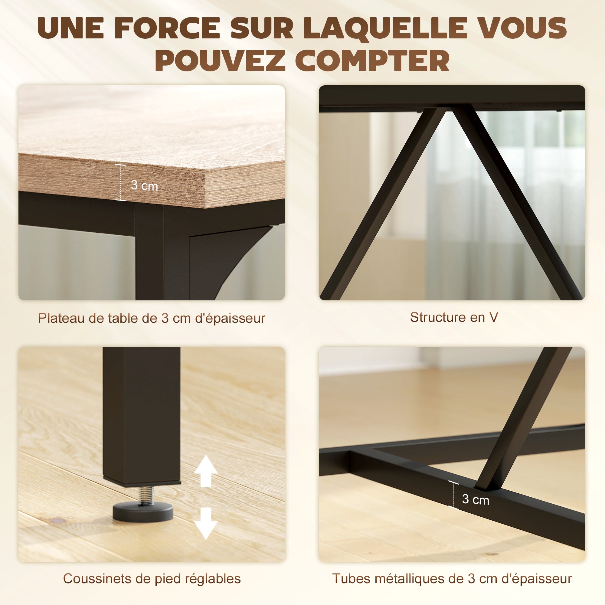 Table à manger pour 6-8 personne table cuisine rectangulaire style moderne - plateau aspect bois et pieds en acier noir avec patins réglables, 180 x 80 cm, naturel