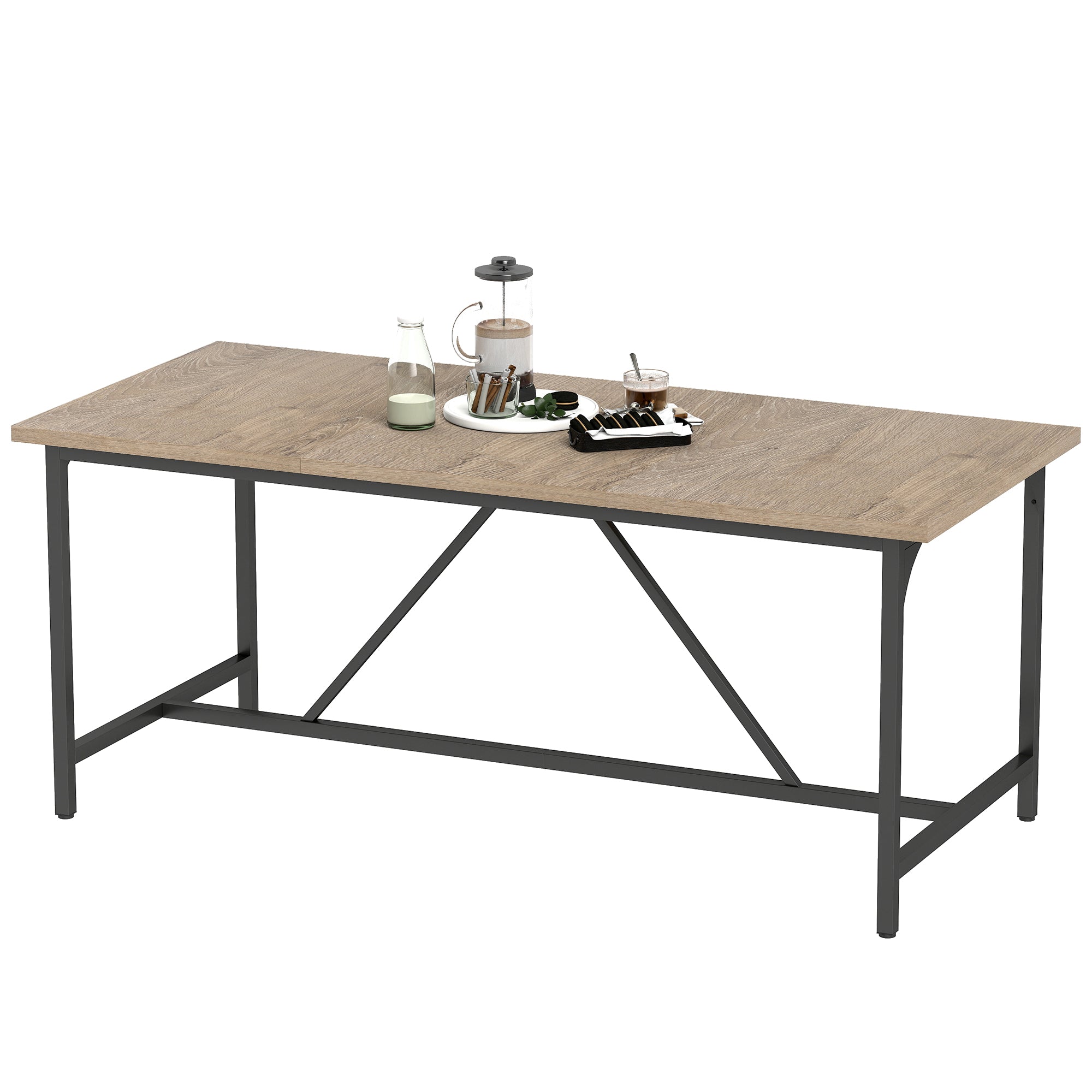 Table à manger pour 6-8 personne table cuisine rectangulaire style moderne - plateau aspect bois et pieds en acier noir avec patins réglables, 180 x 80 cm, naturel
