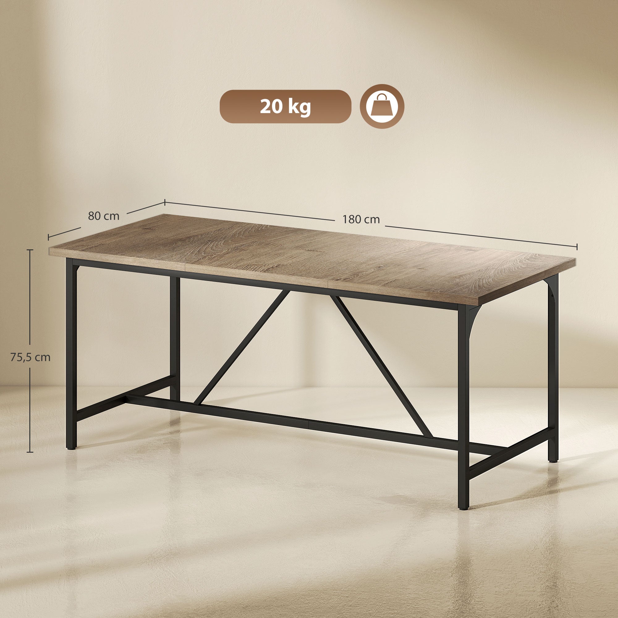 Table à manger pour 6-8 personne table cuisine rectangulaire style moderne - plateau aspect bois et pieds en acier noir avec patins réglables, 180 x 80 cm, naturel
