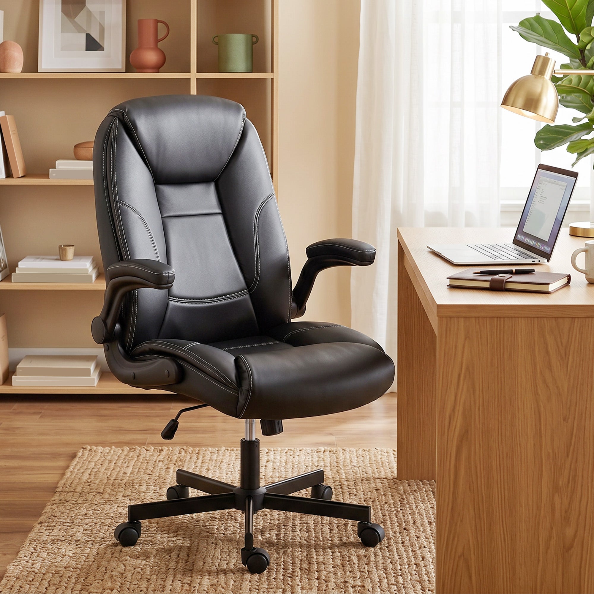 Chaise Bureau Ergonomique, Fauteuil de Bureau en PU, Accoudoirs Relevables, Dossier et Siège Zonés, Hauteur Réglable, Fonction Bascule, Travail Pivotante 360° pour Ordinateur, Noir