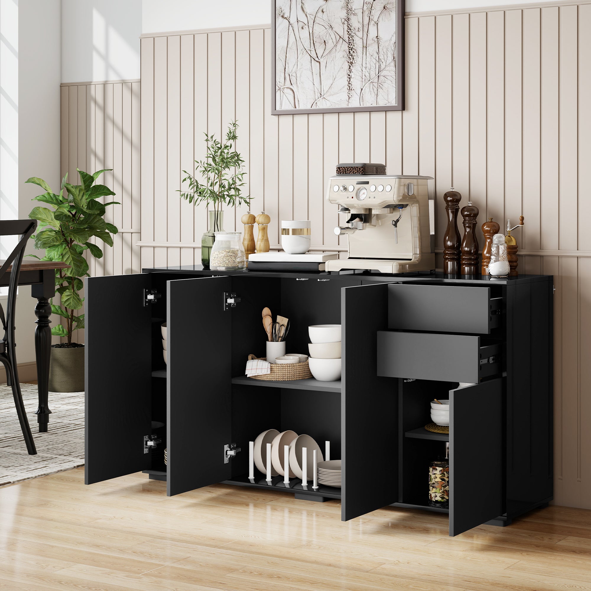 Buffet meuble de rangement 2 tiroirs coulissants 4 portes étagère réglable panneaux de particules 140 x 36 x 74 cm noir