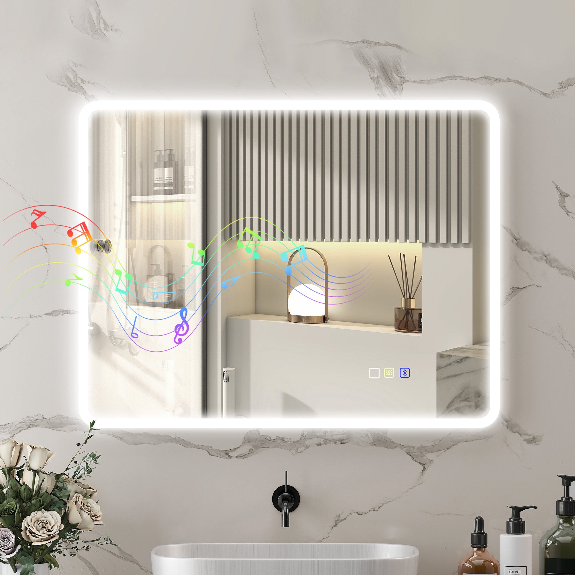 Miroir salle de bain bluetooth 70 x 90 cm, miroir lumineux salle de bain mural avec éclairage LED, interrupteur tactile, lumière réglable 3 couleurs, anti-buée, mémoire - argent
