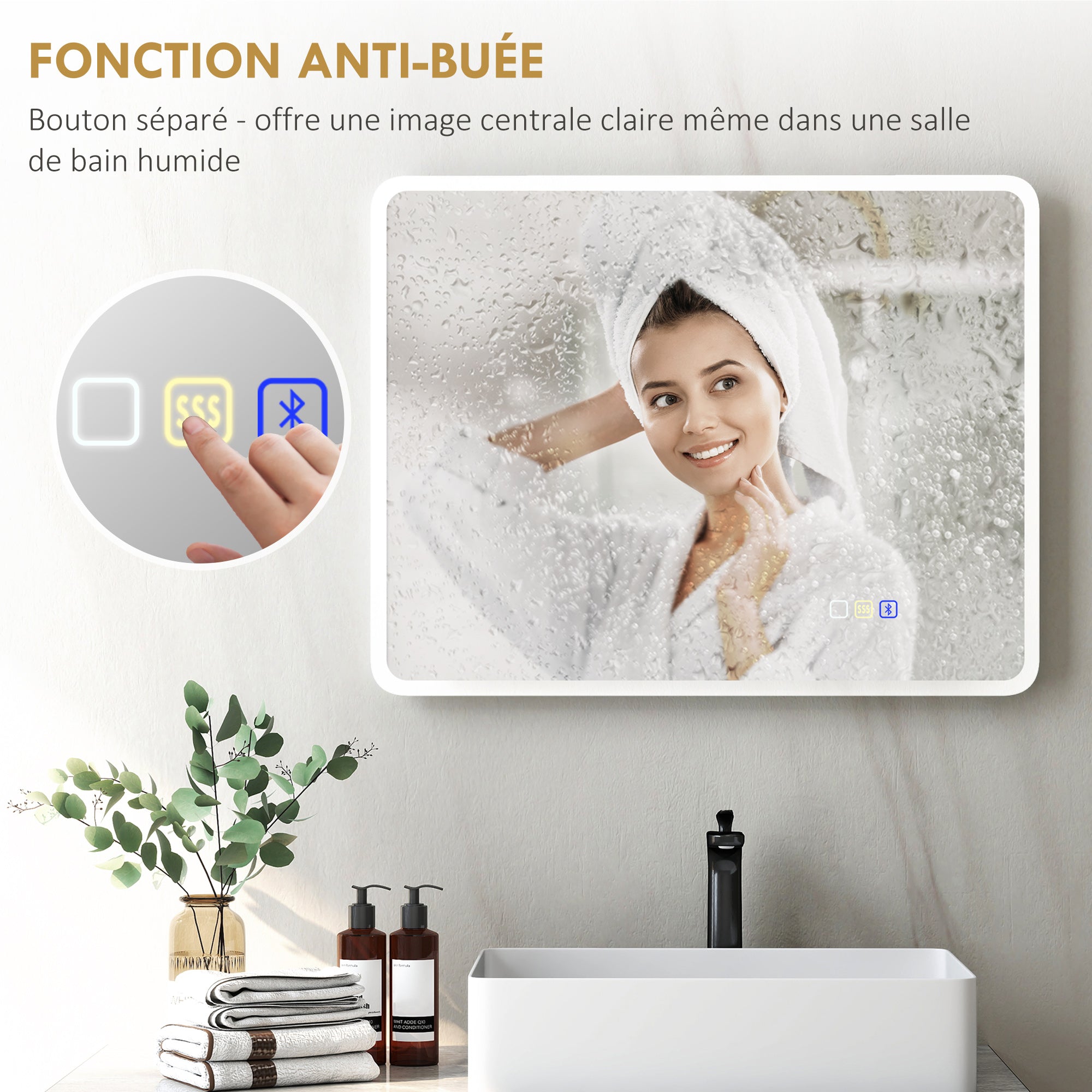 Miroir salle de bain bluetooth 70 x 90 cm, miroir lumineux salle de bain mural avec éclairage LED, interrupteur tactile, lumière réglable 3 couleurs, anti-buée, mémoire - argent