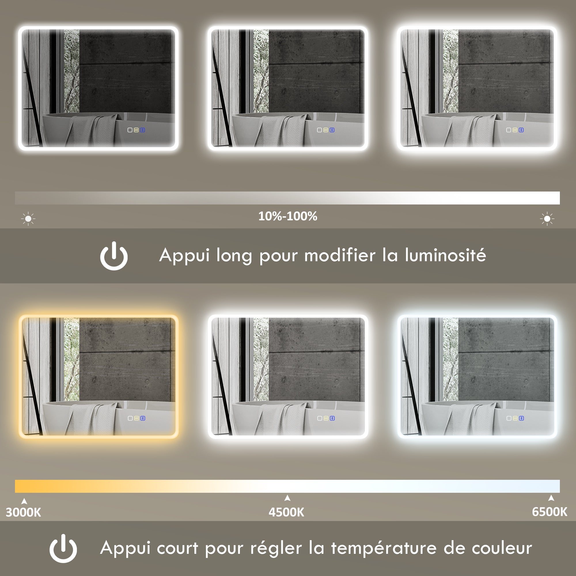 Miroir salle de bain bluetooth 70 x 90 cm, miroir lumineux salle de bain mural avec éclairage LED, interrupteur tactile, lumière réglable 3 couleurs, anti-buée, mémoire - argent