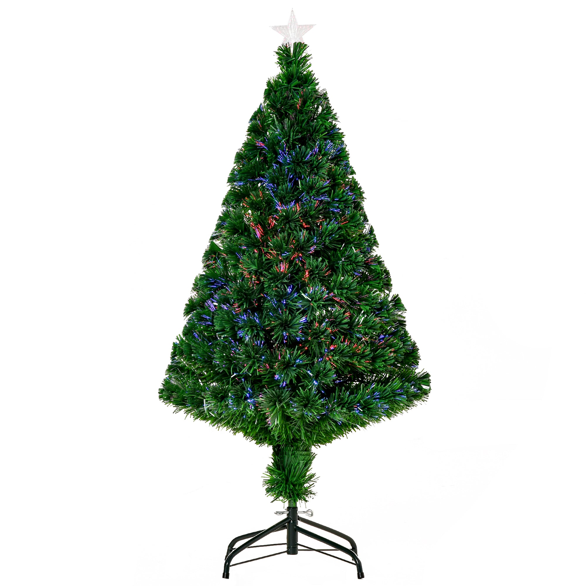 Sapin de Noël Artificiel Lumineux 120H cm Fibre Optique Multicolore + Support Pied 130 Branches étoile Sommet Brillante Vert