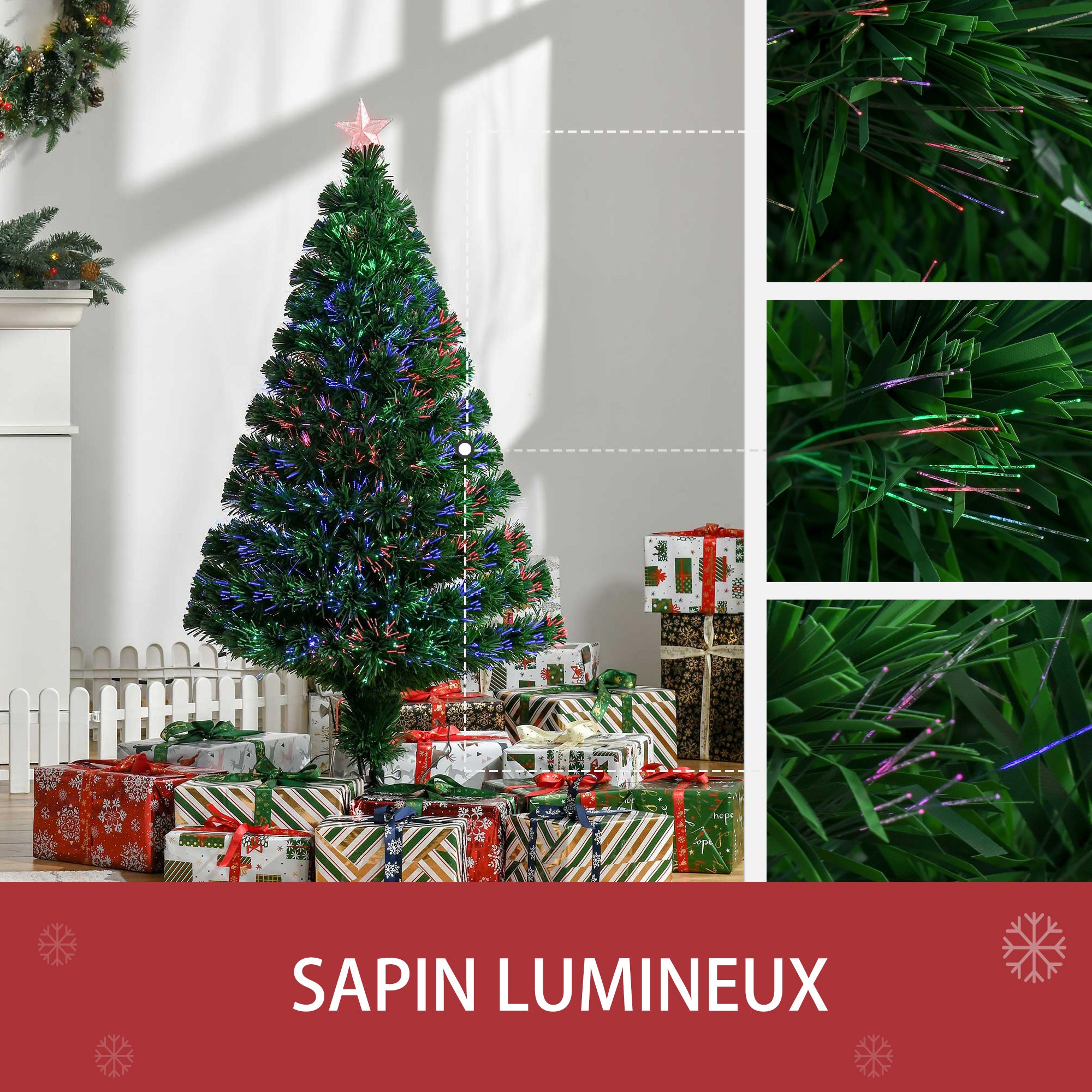 Sapin de Noël Artificiel Lumineux 120H cm Fibre Optique Multicolore + Support Pied 130 Branches étoile Sommet Brillante Vert