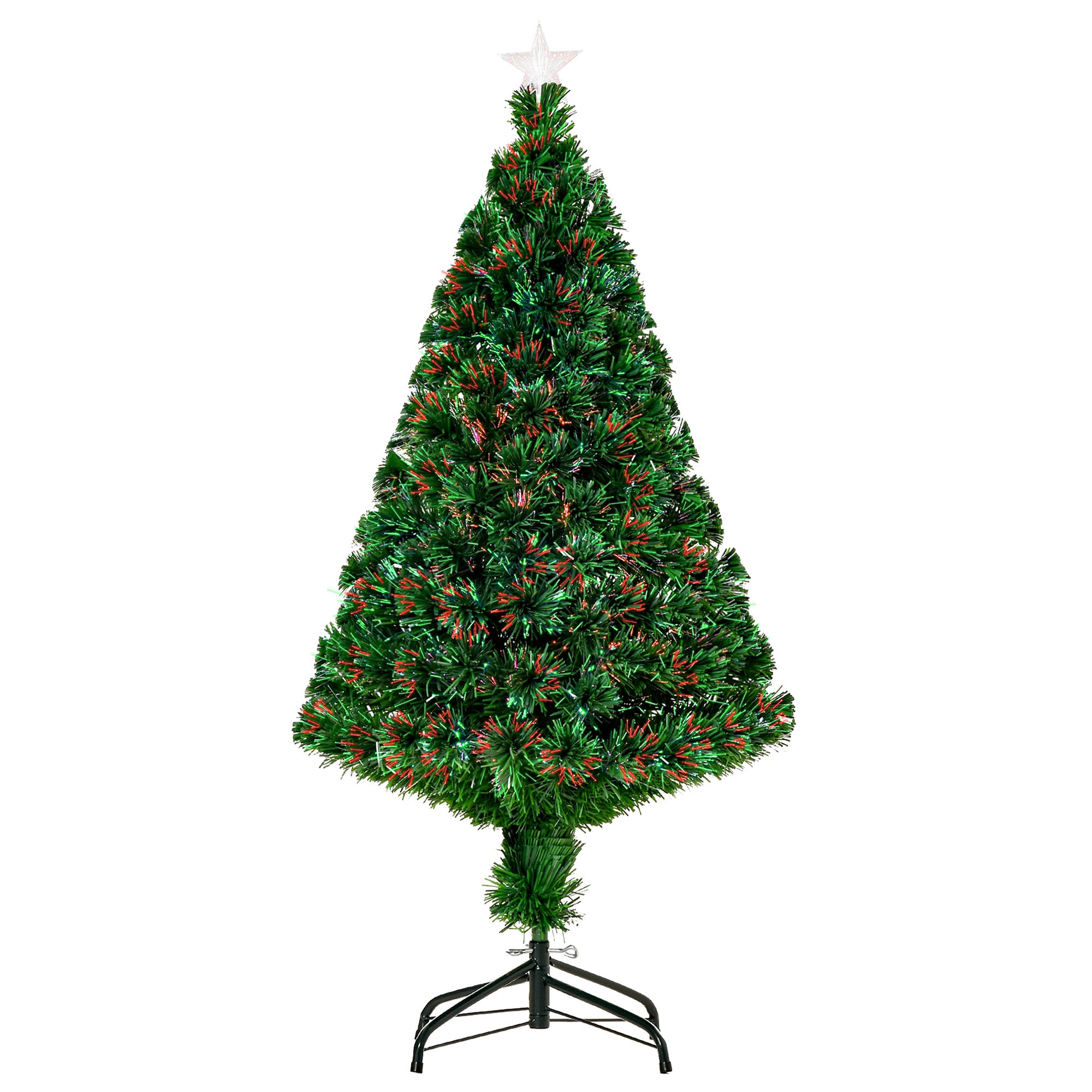 Sapin de Noël Artificiel Lumineux 120H cm Fibre Optique Multicolore + Support Pied 130 Branches étoile Sommet Brillante Vert