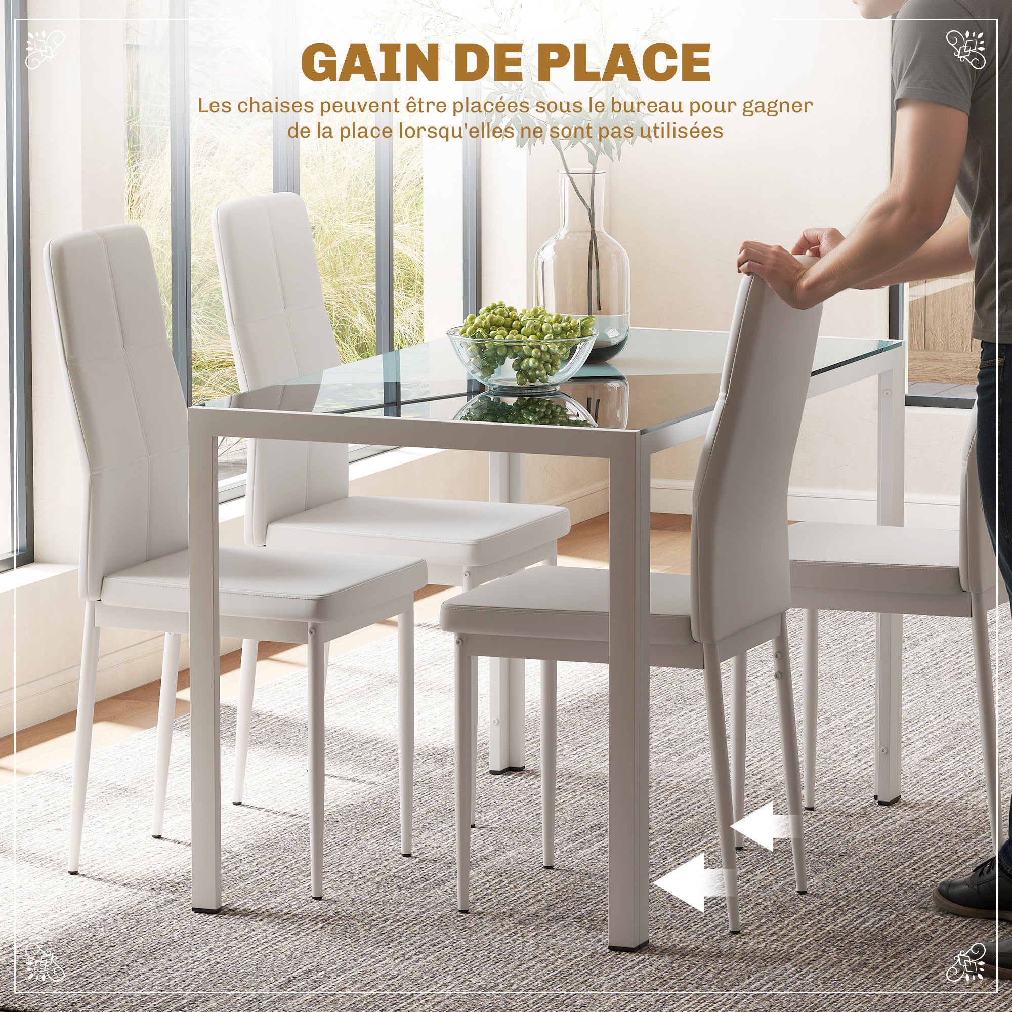 Ensemble table à manger et chaises pour 4 personnes, table de cuisine avec chaises, plateau rectangulaire en verre, structure en métal, pour cuisine salon maison, blanc