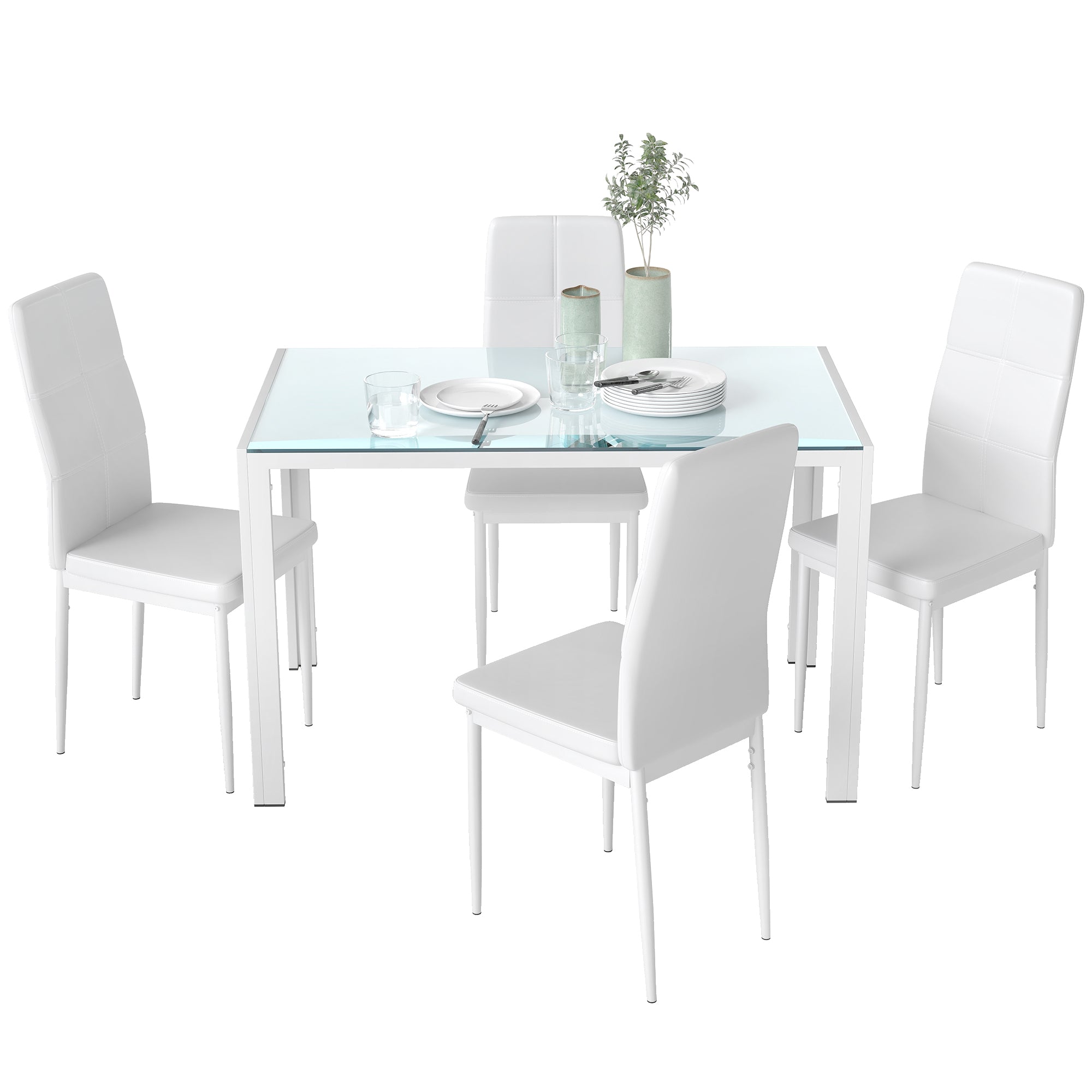 Ensemble table à manger et chaises pour 4 personnes, table de cuisine avec chaises, plateau rectangulaire en verre, structure en métal, pour cuisine salon maison, blanc