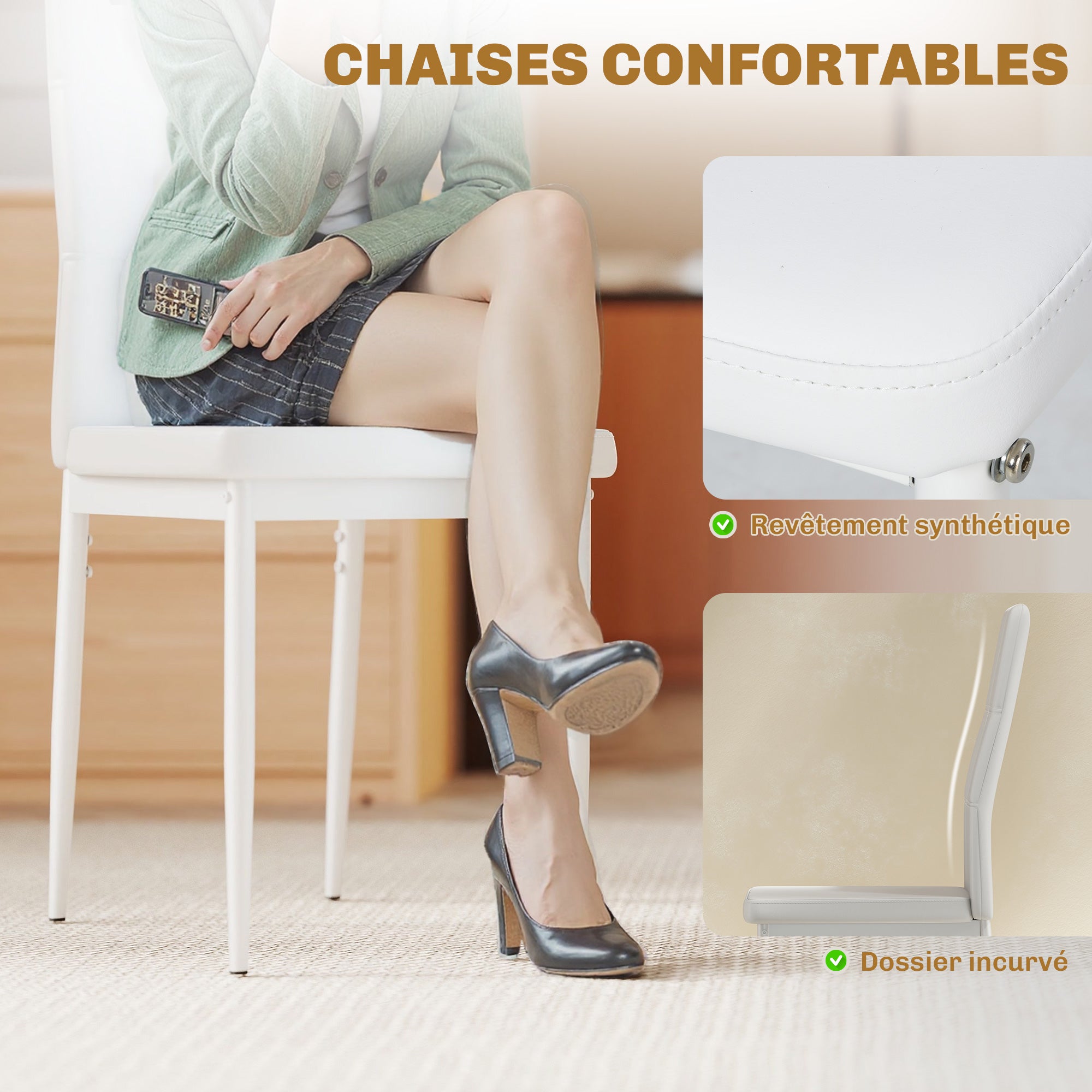 Ensemble table à manger et chaises pour 4 personnes, table de cuisine avec chaises, plateau rectangulaire en verre, structure en métal, pour cuisine salon maison, blanc