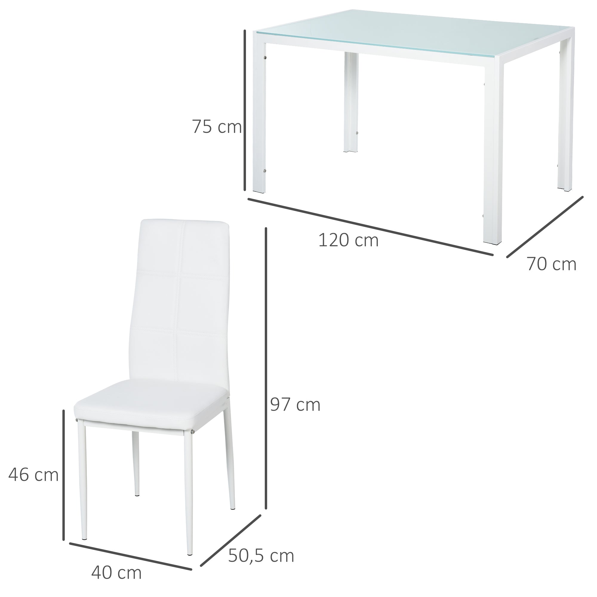 Ensemble table à manger et chaises pour 4 personnes, table de cuisine avec chaises, plateau rectangulaire en verre, structure en métal, pour cuisine salon maison, blanc