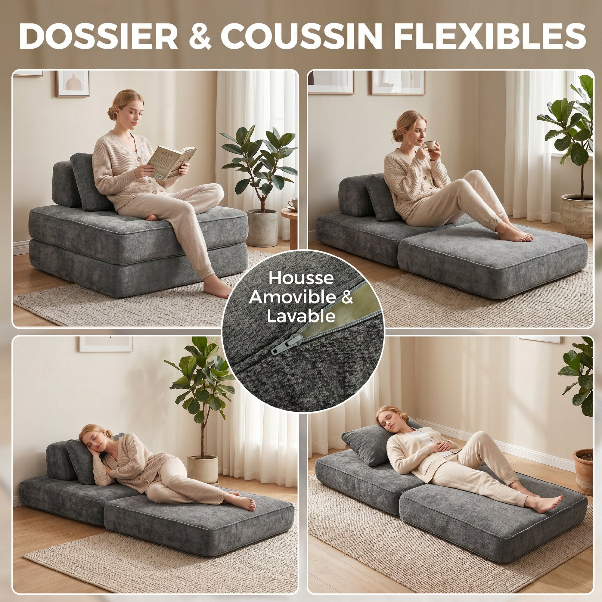Canapé-Lit Pliant 2 en 1 Chauffeuse 1 Place Convertible en Chenille Matelas Pliable Coussin Épais Dossier et Oreiller Entièrement Compressé Aucun Assemblage Requis pour Salon Chambre Gris