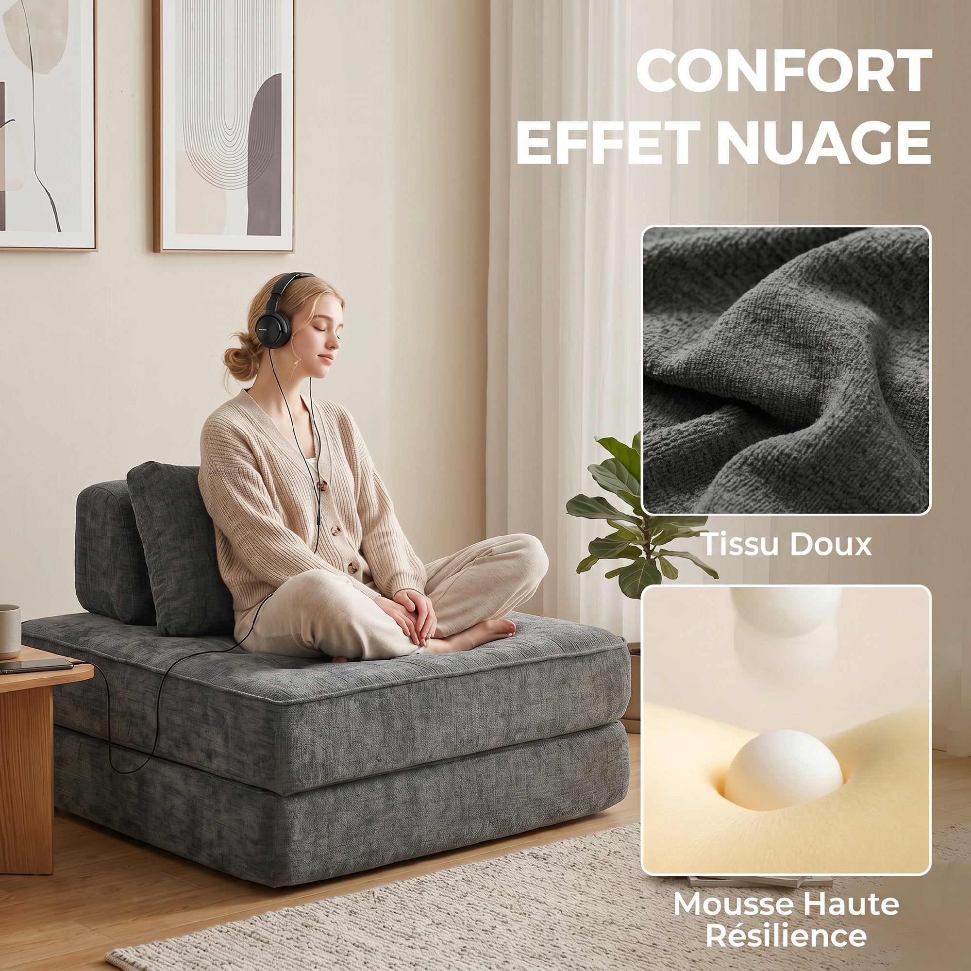 Canapé-Lit Pliant 2 en 1 Chauffeuse 1 Place Convertible en Chenille Matelas Pliable Coussin Épais Dossier et Oreiller Entièrement Compressé Aucun Assemblage Requis pour Salon Chambre Gris
