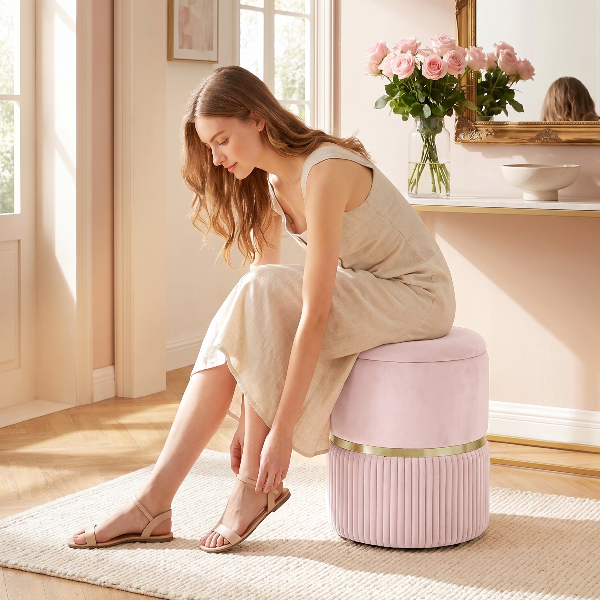 Pouf tabouret repose-pied, coffre de rangement, en velours côtelé, design moderne, 36 x 36 x 44 cm, pour salon, chambre, rose