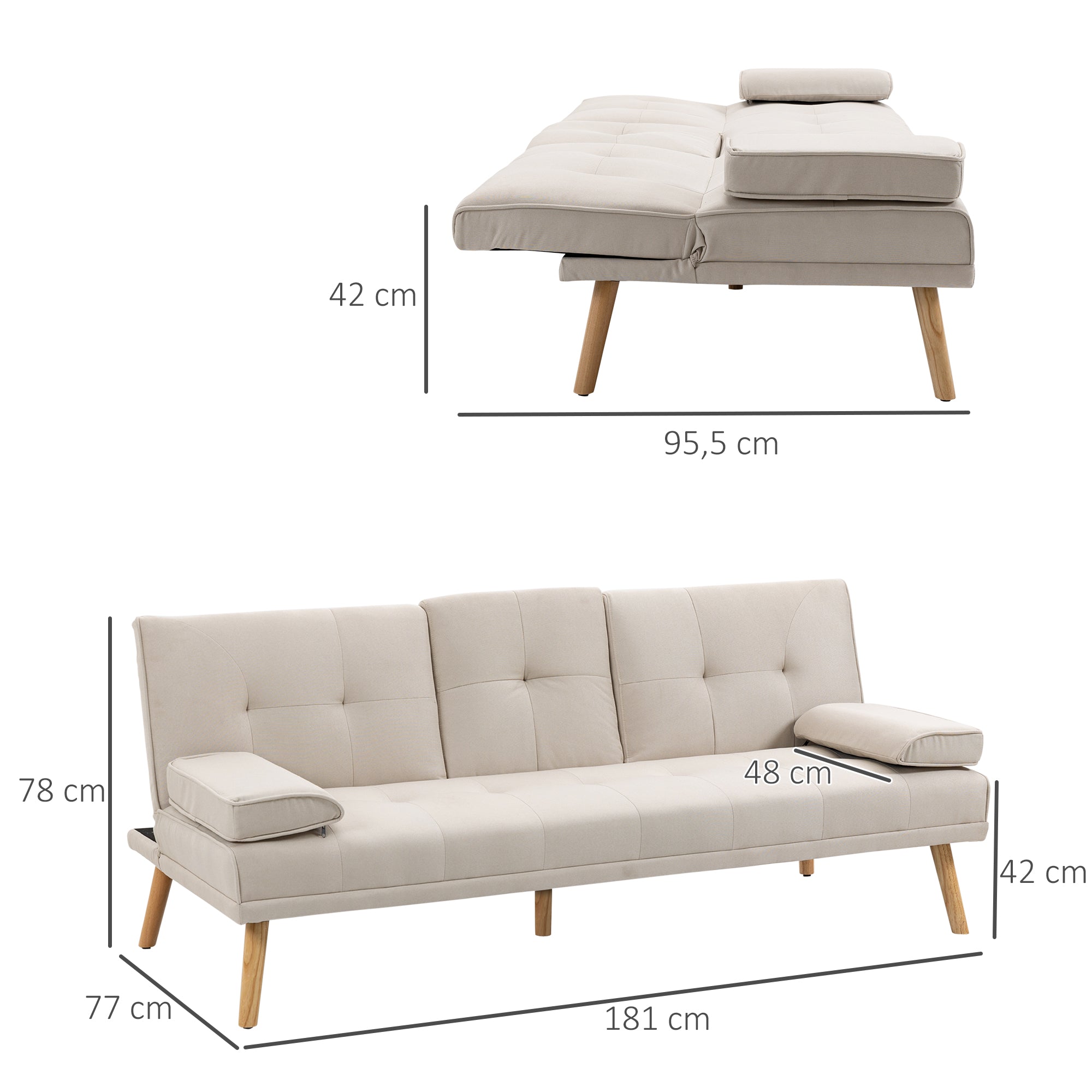Canapé convertible 3 places design scandinave inclinaison dossier réglable 3 niveaux dossier centrale rabattable 2 porte-verres bois massif lin beige