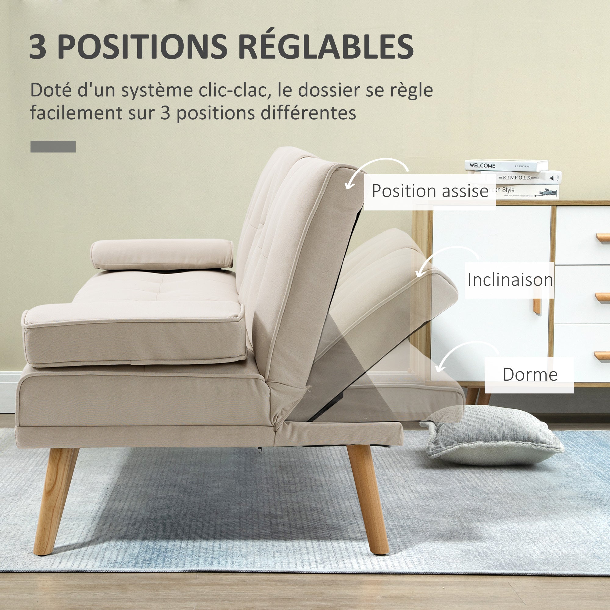 Canapé convertible 3 places design scandinave inclinaison dossier réglable 3 niveaux dossier centrale rabattable 2 porte-verres bois massif lin beige