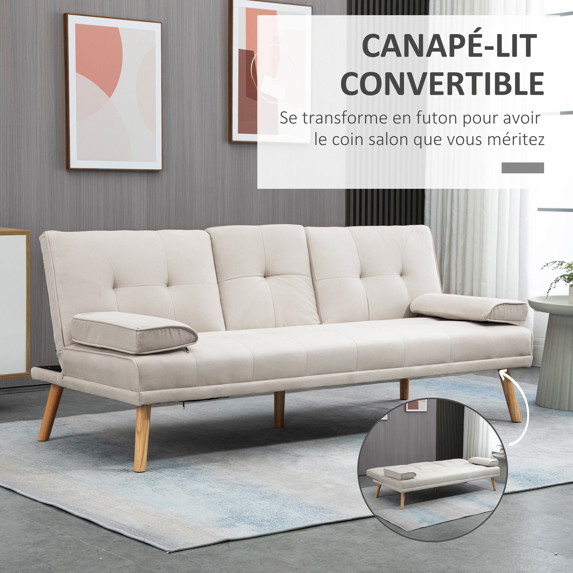 Canapé convertible 3 places design scandinave inclinaison dossier réglable 3 niveaux dossier centrale rabattable 2 porte-verres bois massif lin beige