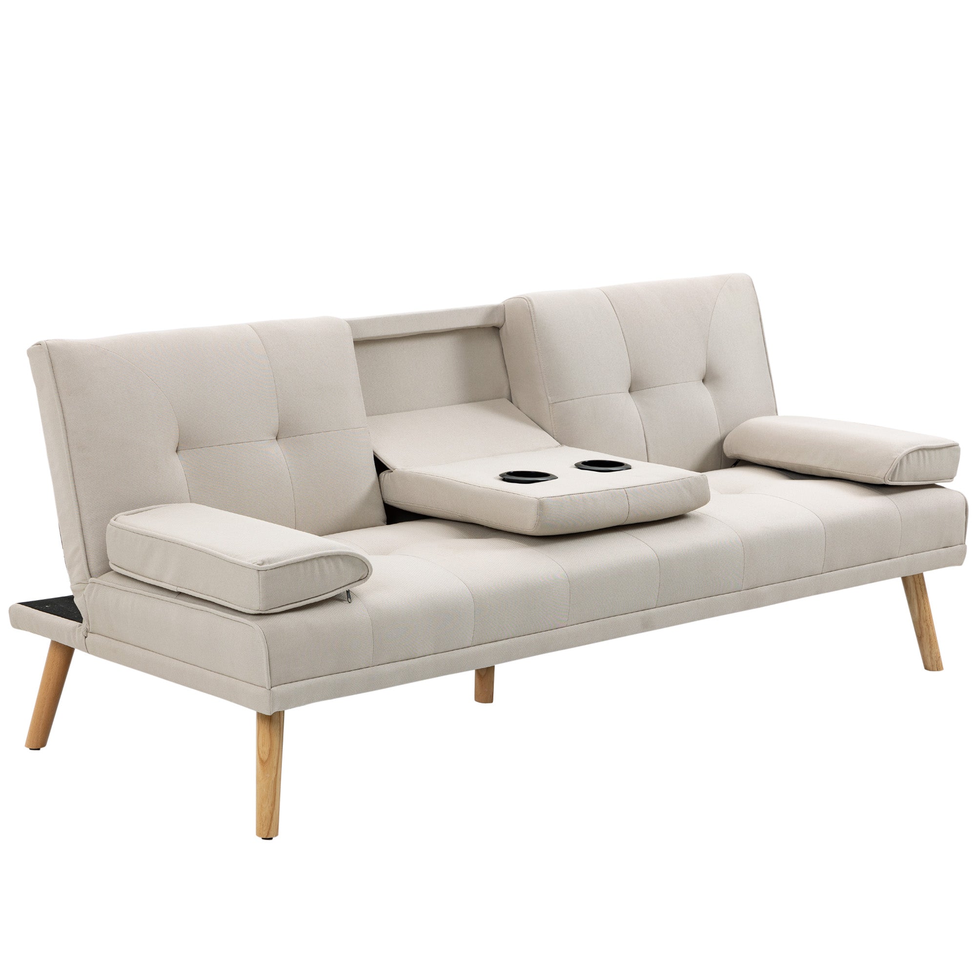 Canapé convertible 3 places design scandinave inclinaison dossier réglable 3 niveaux dossier centrale rabattable 2 porte-verres bois massif lin beige
