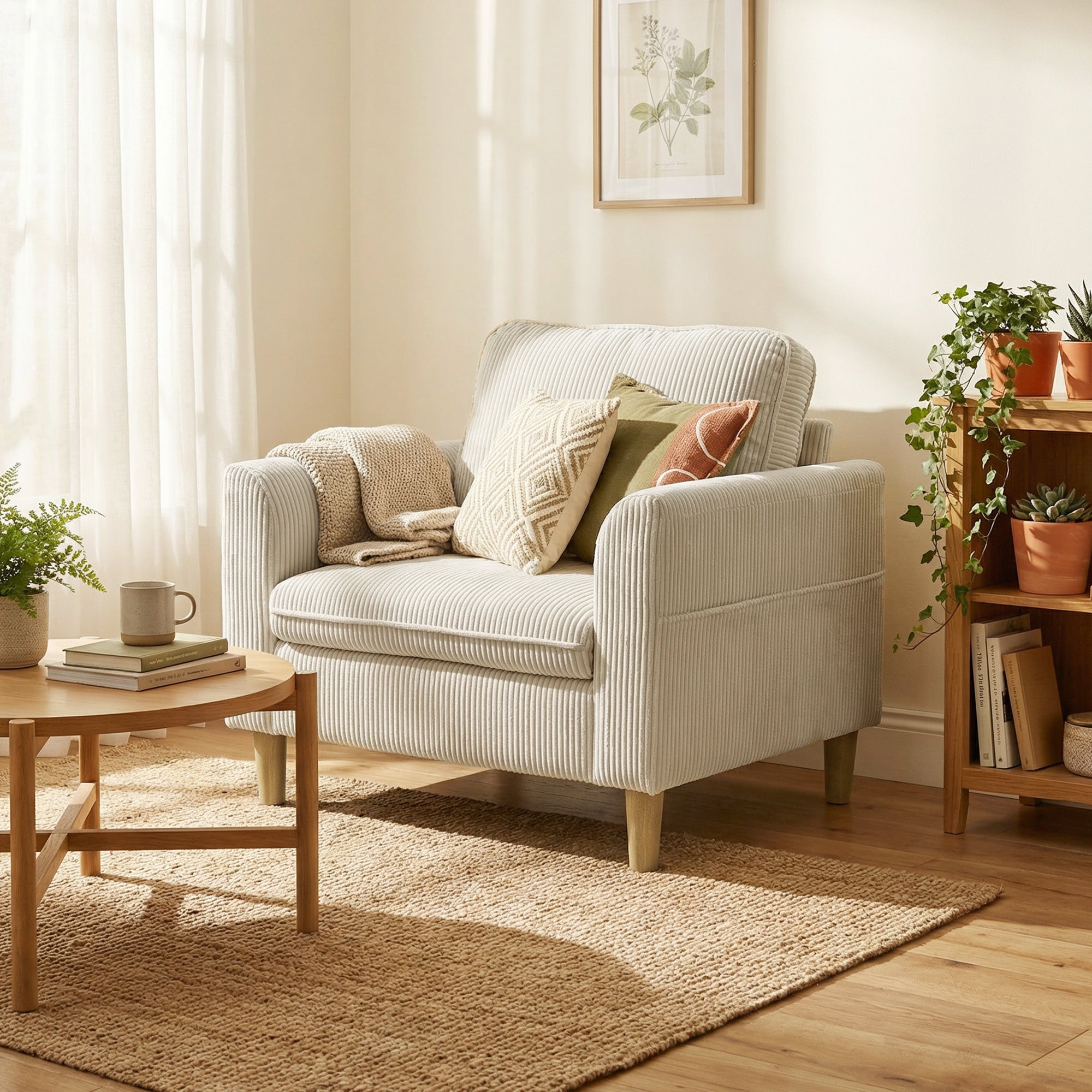 Fauteuil de salon en velours côtelé, canapé 1 place rembourré avec assise large et coussin à ressorts, style moderne, pour chambre, salon, petit espace, beige