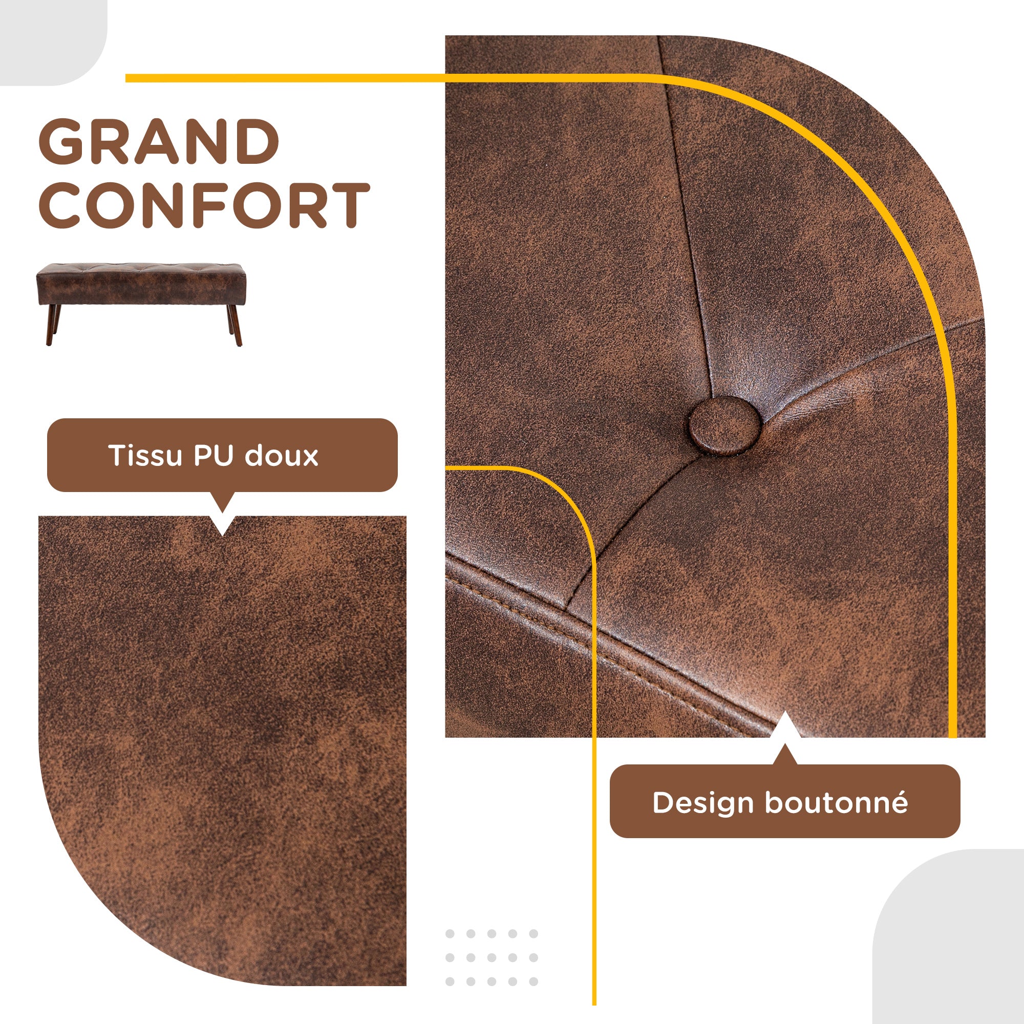 Banc bout de lit banquette capitonnée style vintage revêtement synthétique 114 x 38 x 42 cm piètement bois banc rembourré marron effet vieilli