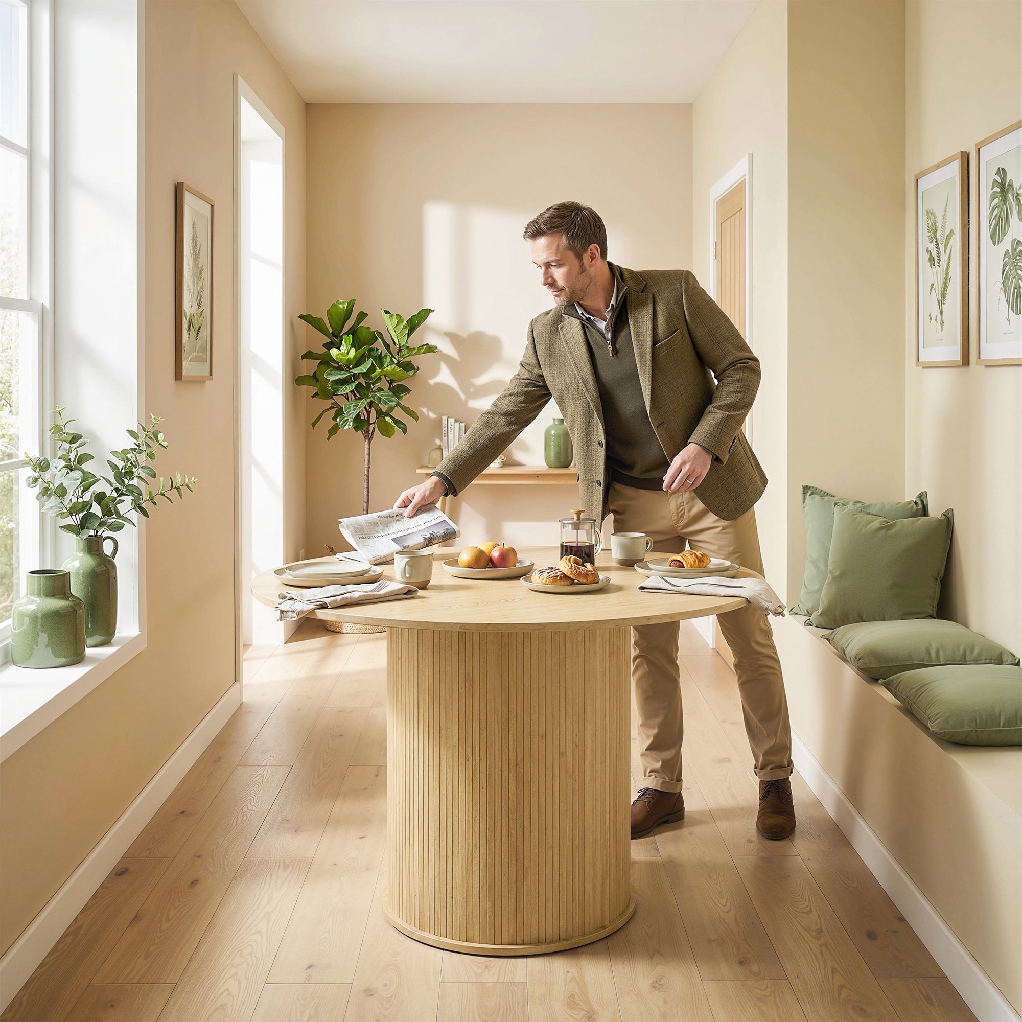 Table à manger ronde pour 5 personnes, Ø 120 x 75 cm, table de cuisine moderne avec large plateau et base cylindrique cannelée, pour salon, salle à manger, bois naturel